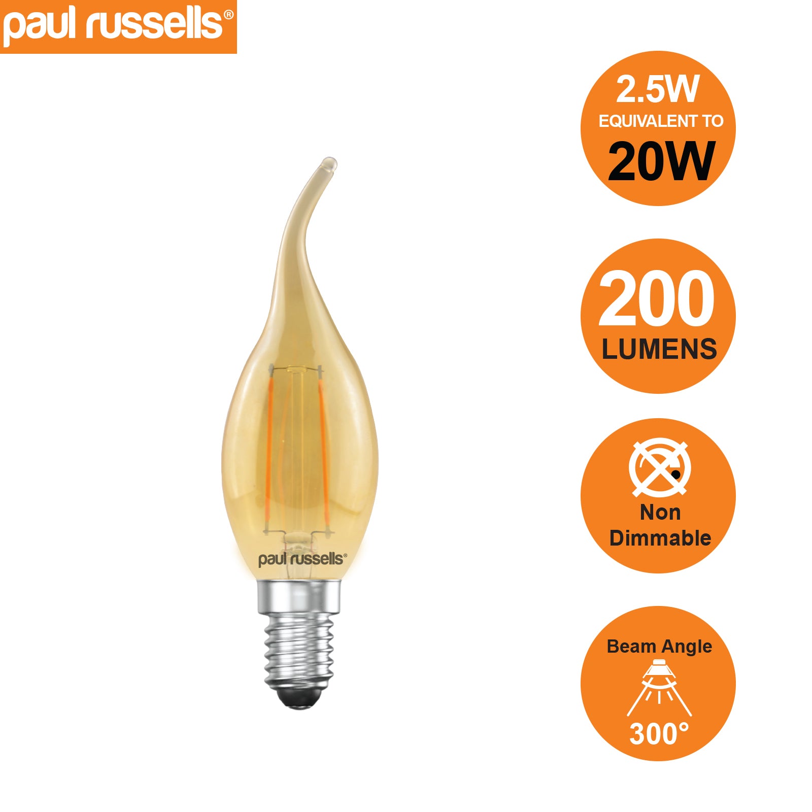LED Filament Flame 2.5W=20W Extra Warm White Amber 2200K SES E14 Small Edison Screw [4 Bulbs]