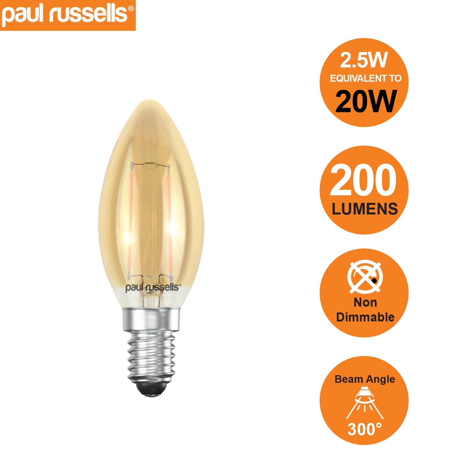 LED Filament Candle 2.5W=20W Extra Warm White Amber 2200K SES E14 Small Edison Screw Bulbs