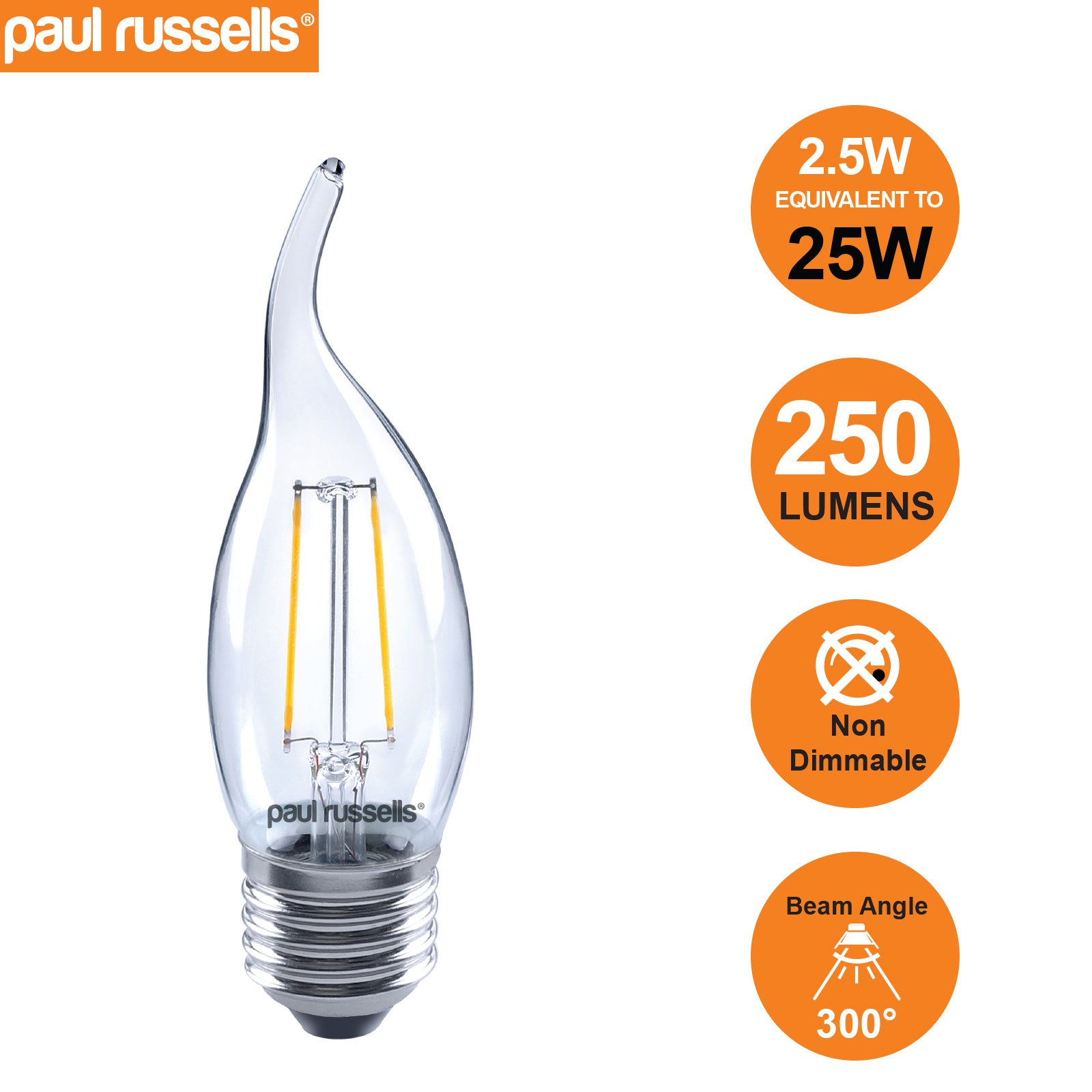 LED Filament Bent Tip Candle 2.5W=25W Warm White ES E27 Edison Screw Bulb