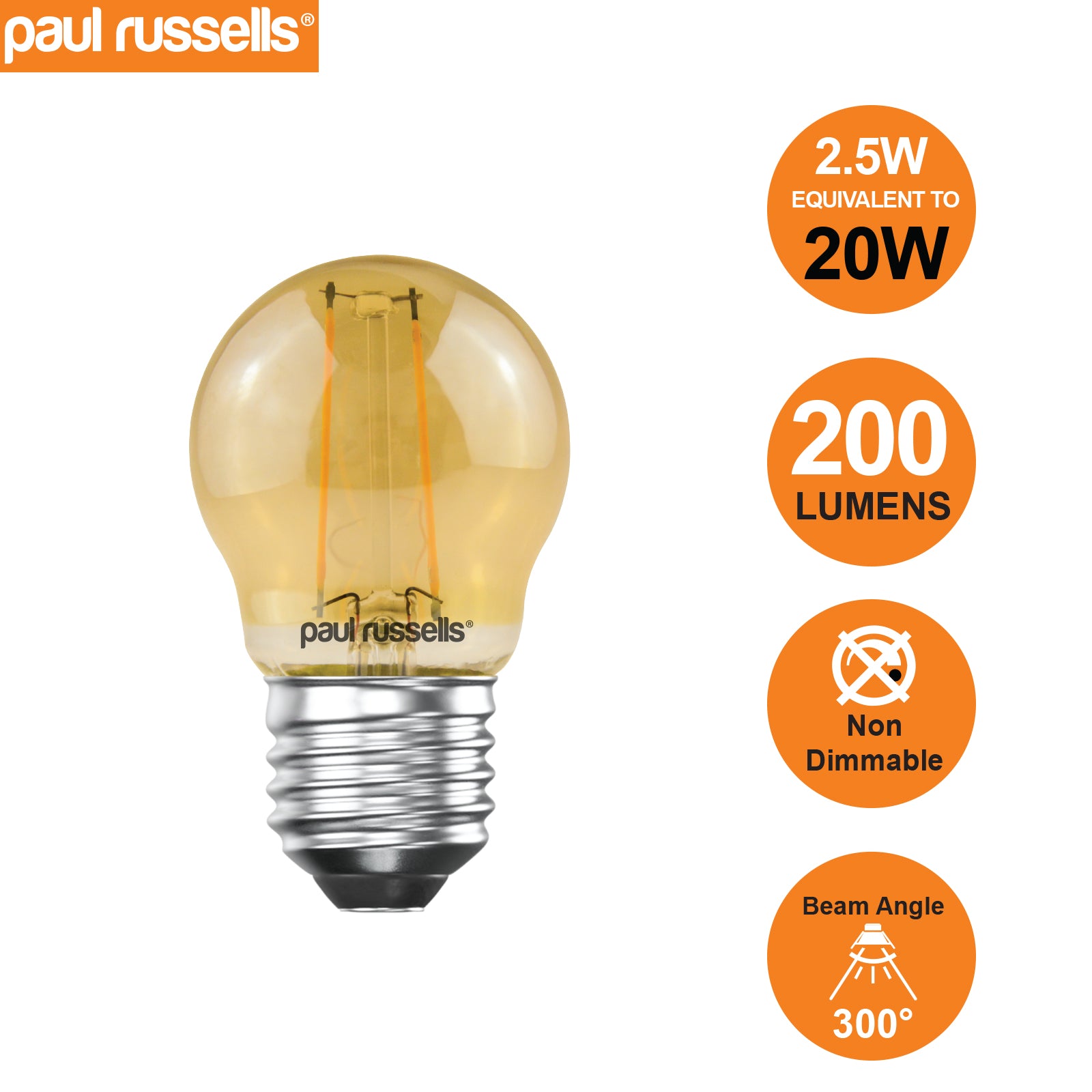 LED Filament Golf Ball 2.5W=20W Extra Warm White Amber 2200K ES E27 Edison Screw Bulbs