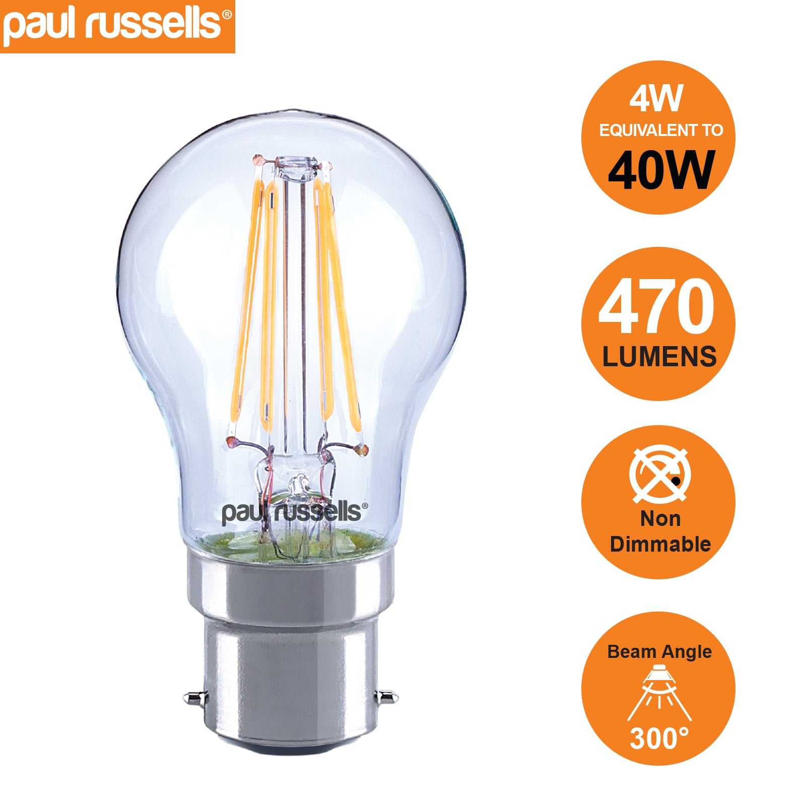 LED Filament Golf Ball 4W=40W Warm White 2700K BC B22 Bayonet Cap Bulbs