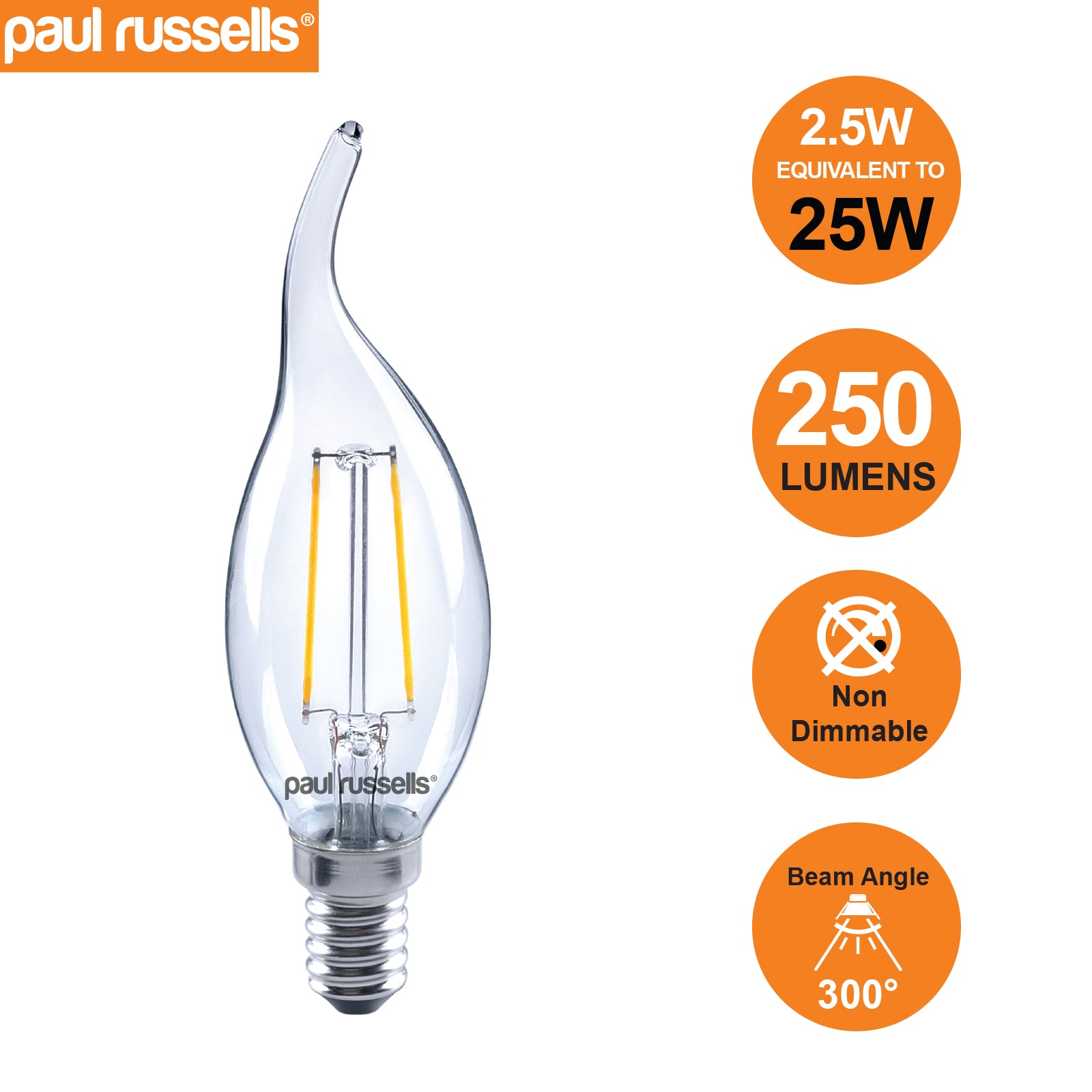 LED Filament Flame 2.5W=25W Warm White 2700K SES E14 Small Edison Screw Bulbs