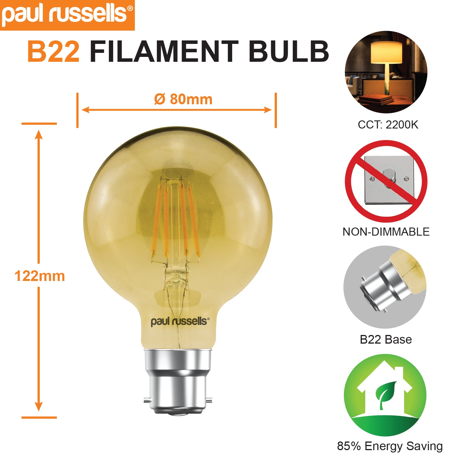 LED Filament G80 4.5W=35W Extra Warm White Amber 2200K BC B22 Bayonet Cap Bulbs