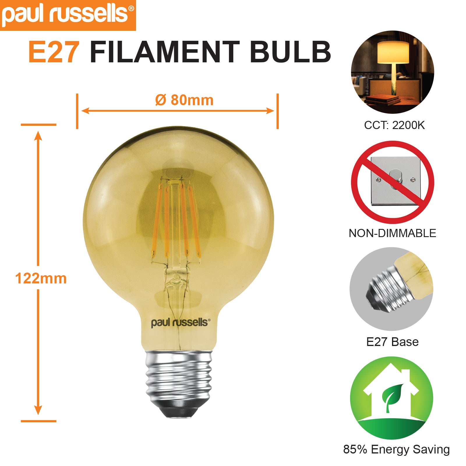 LED Filament G80 4.5W=35W Extra warm White Amber 2200K ES E27 Edison Screw Cap Bulbs