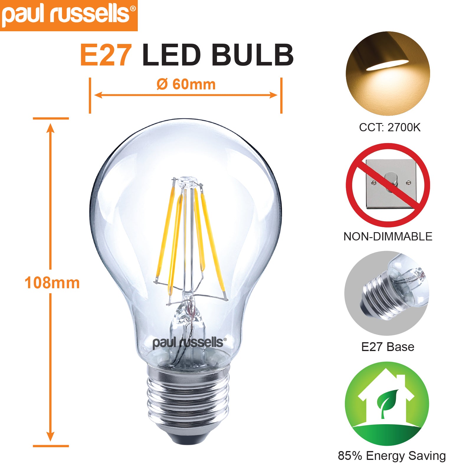 LED Filament GLS 7W=60W Warm White 2700K ES E27 Edison Screw Cap Bulbs