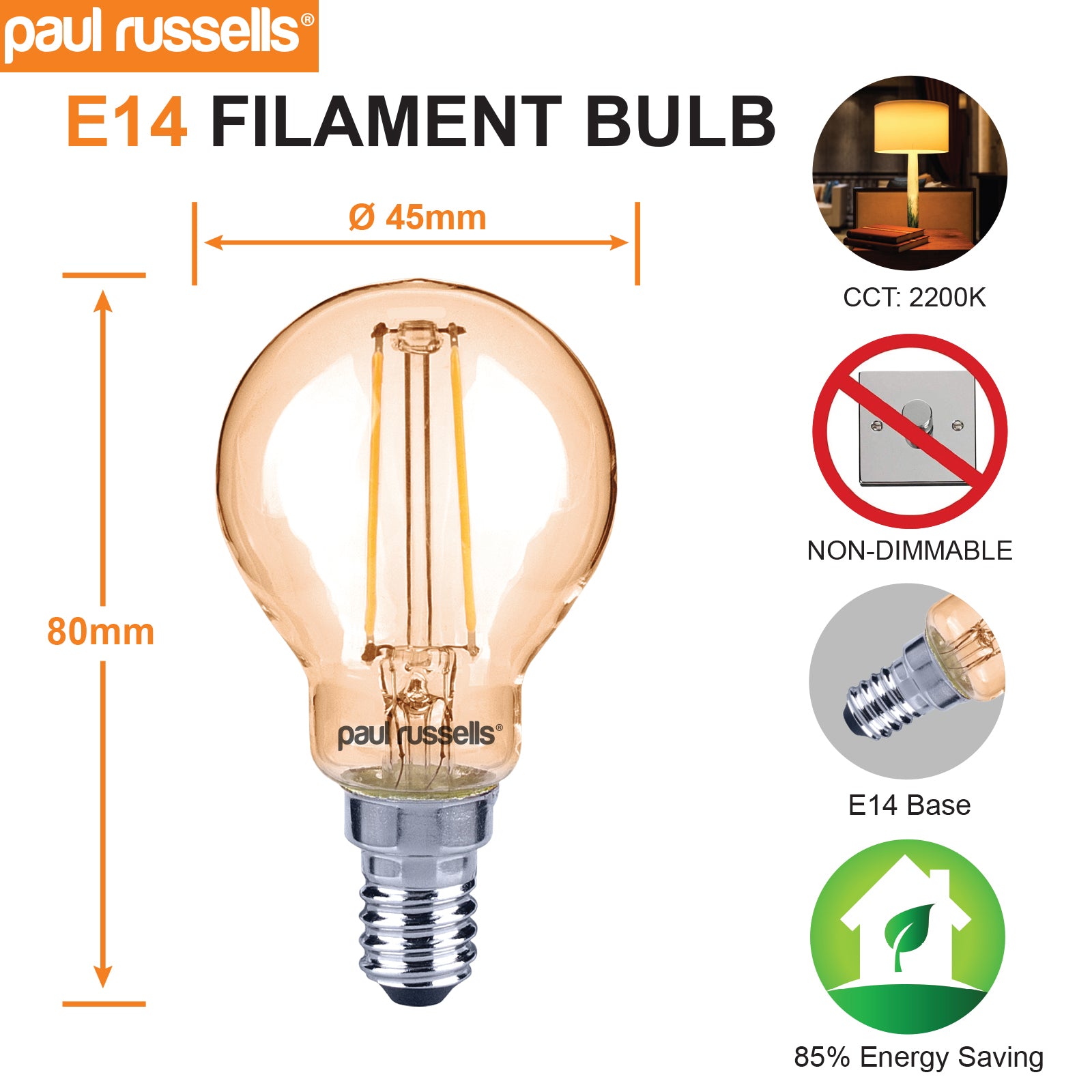 LED Filament Golf Ball 2.5W=20W Extra Warm White Amber 2200K SES E14 Small Edison Screw Bulbs