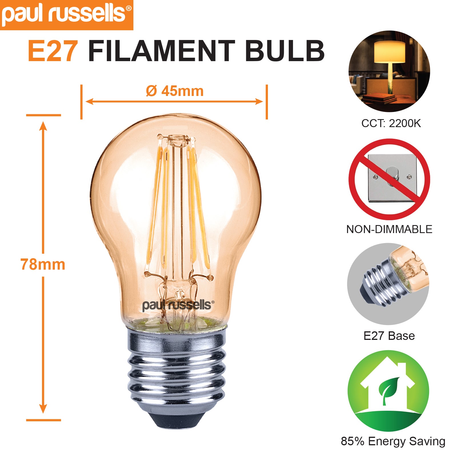 LED Filament Golf Ball 4.5W=35W Extra Warm White Amber 2200K ES E27 Edison Screw Cap Bulbs