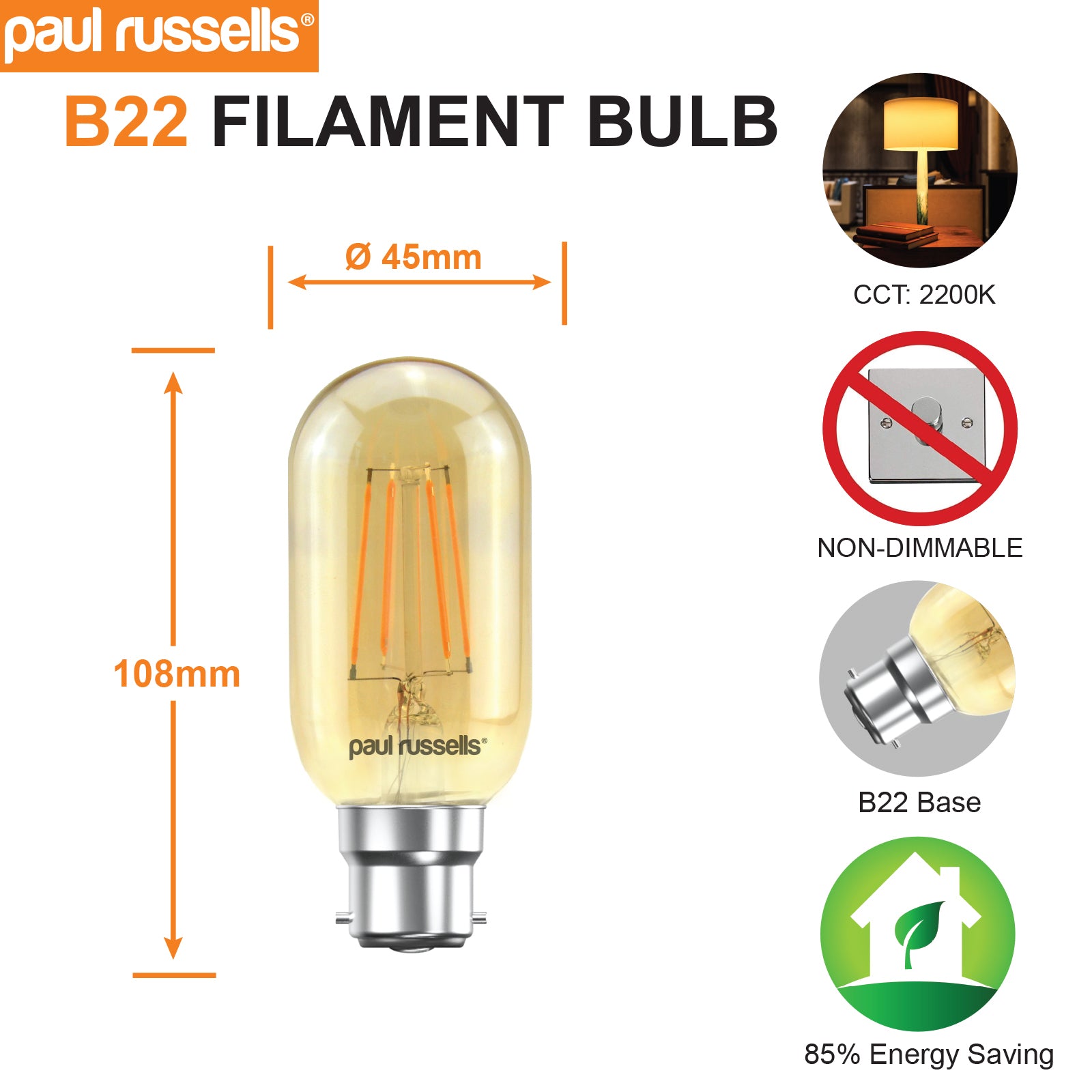 LED Filament T45 4.5W=35W Extra Warm White Amber 2200K BC B22 Bayonet Cap Bulbs