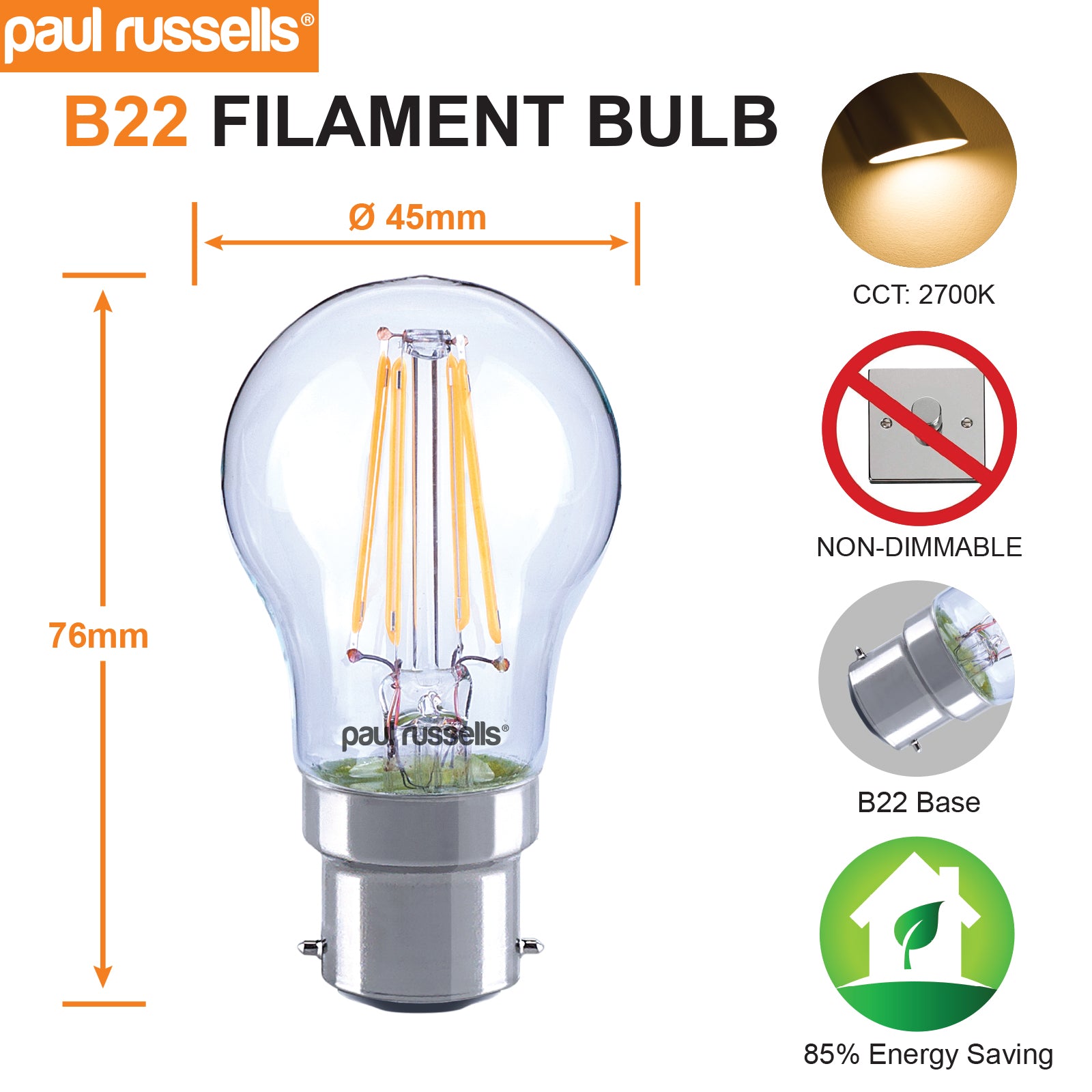 LED Filament Golf Ball 4W=40W Warm White 2700K BC B22 Bayonet Cap Bulbs