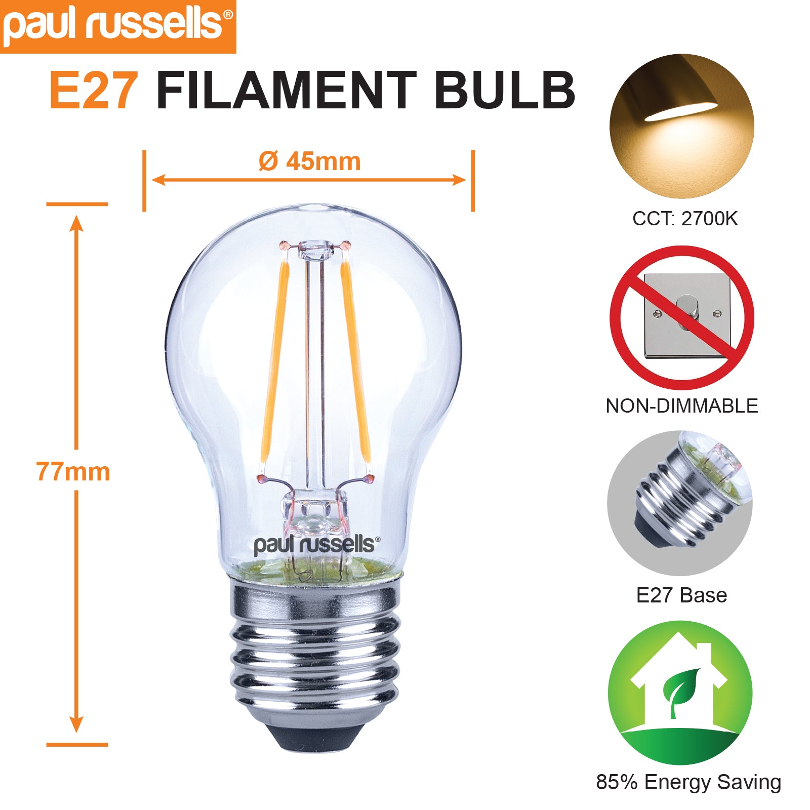 LED Filament Golf Ball 2.5W=25W Warm White 2700K ES E27 Edison Screw Bulbs