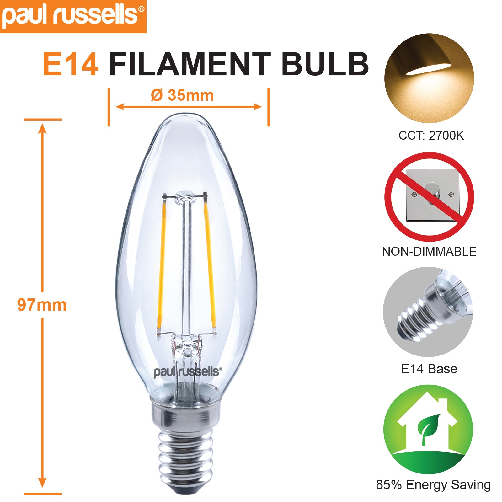 LED Filament Candle 2.5W=25W Warm White 2700K SES E14 Small Edison Screw Cap Bulbs
