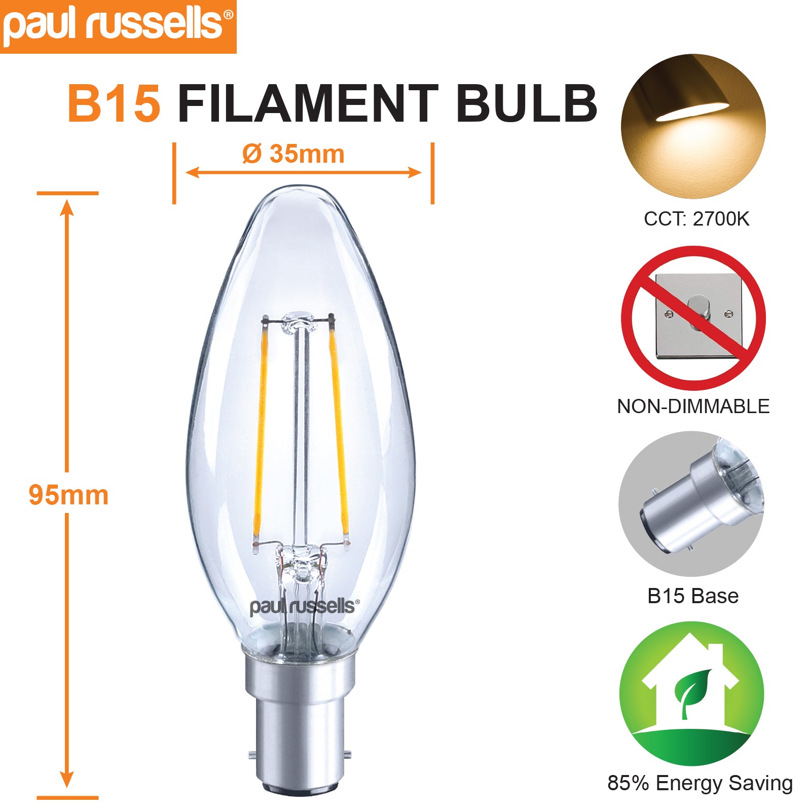 LED Filament Candle 2.5W=25W Warm White 2700K SBC B15 Small Bayonet Cap Bulbs