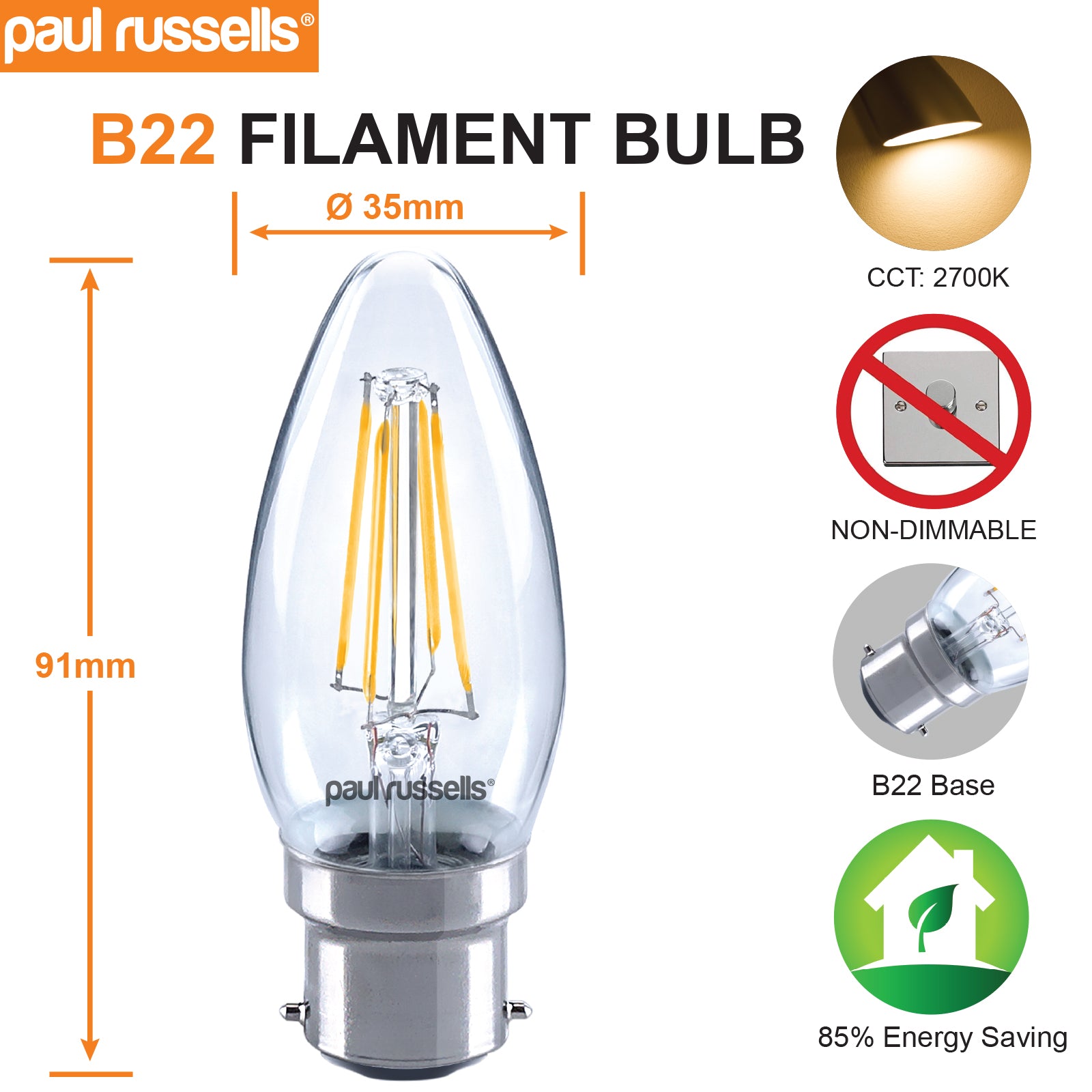 LED Filament Candle 4.5W=40W Warm White 2700K BC B22 Bayonet Cap Bulbs