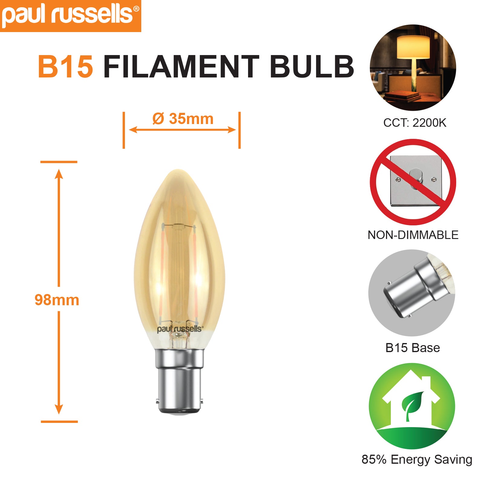 LED Filament Candle 2.5W=20W Extra Warm White Amber 2200K SBC B15 Small Bayonet Cap Bulbs