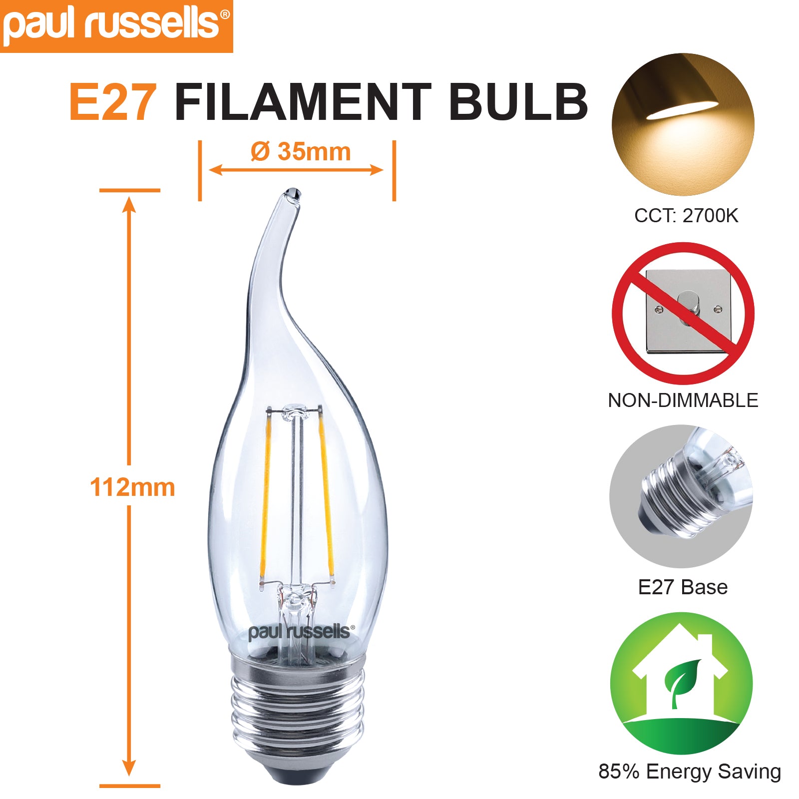 LED Filament Bent Tip Candle 2.5W=25W Warm White ES E27 Edison Screw Bulb