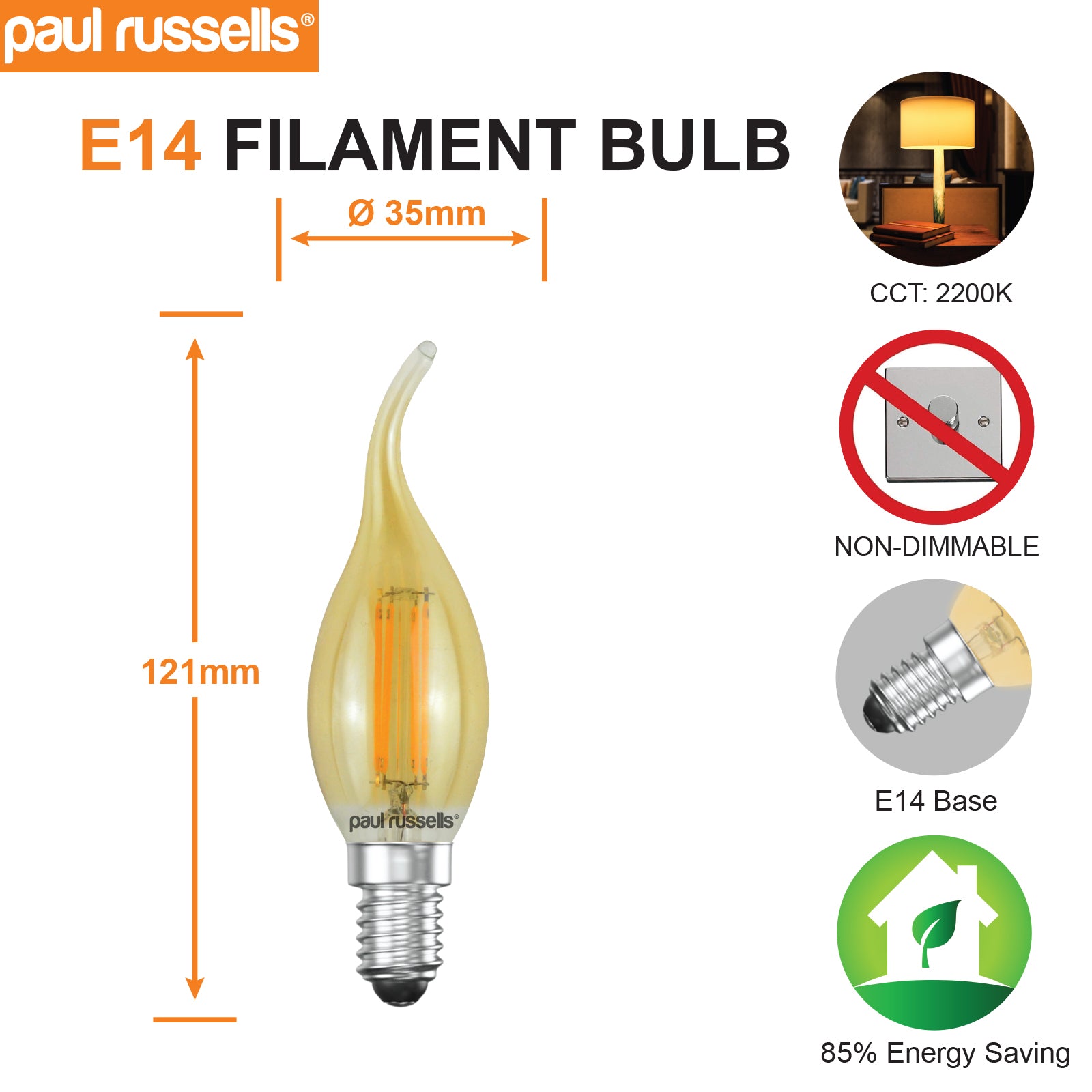 LED Filament Flame 4W=35W Extra Warm White Amber 2200K SES E14 Small Edison Screw Bulbs