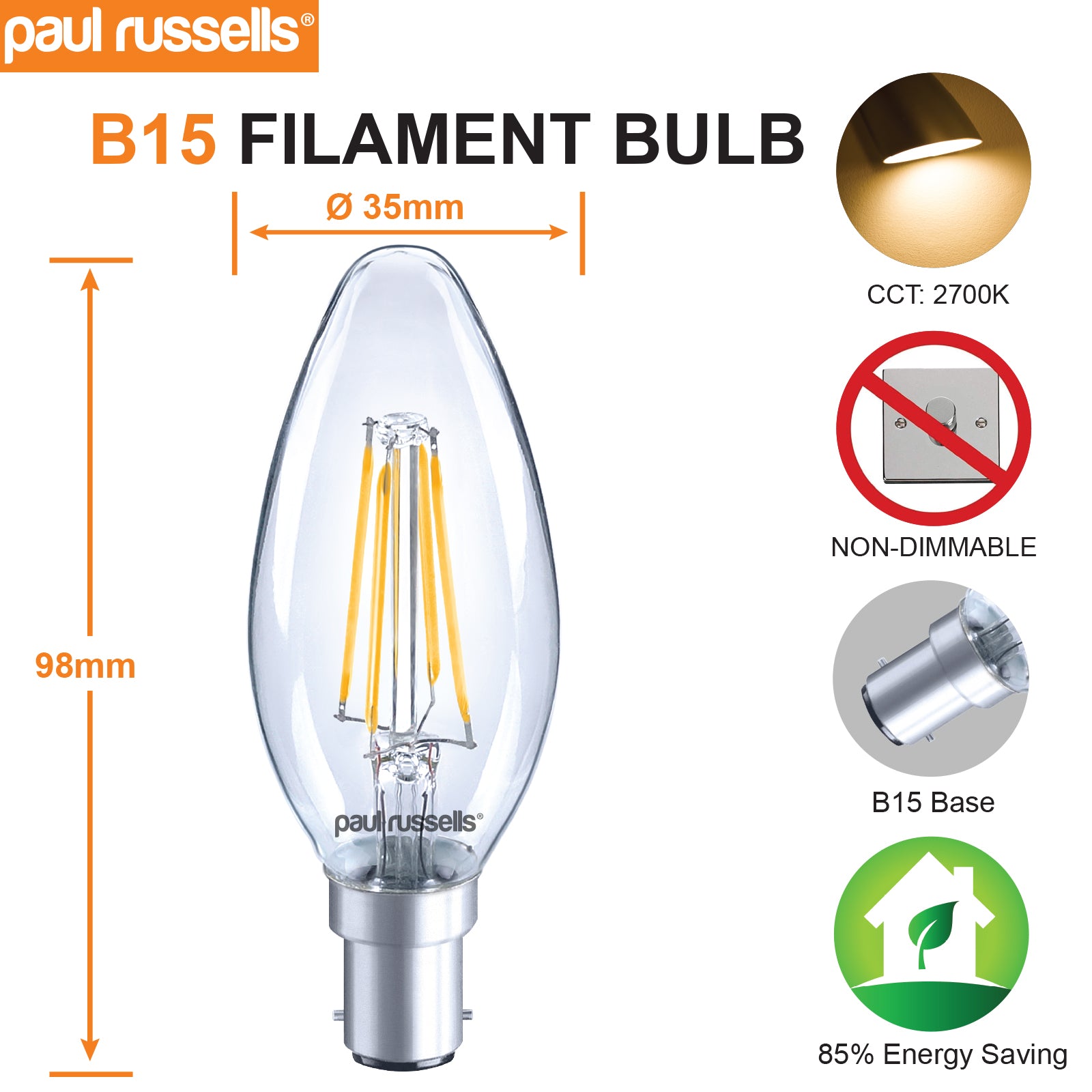 LED Filament Candle 4W=40W Warm White 2200K SBC B15 Small Bayonet Cap Bulbs