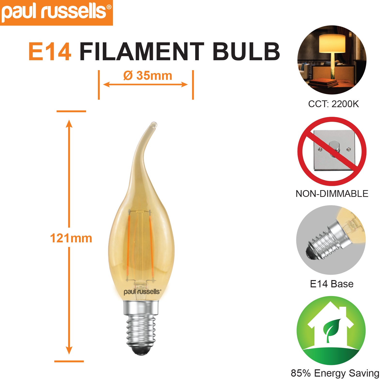 4x LED Filament Flame 2.5W=20W Extra Warm White Amber 2200K SES E14 Small Edison Screw