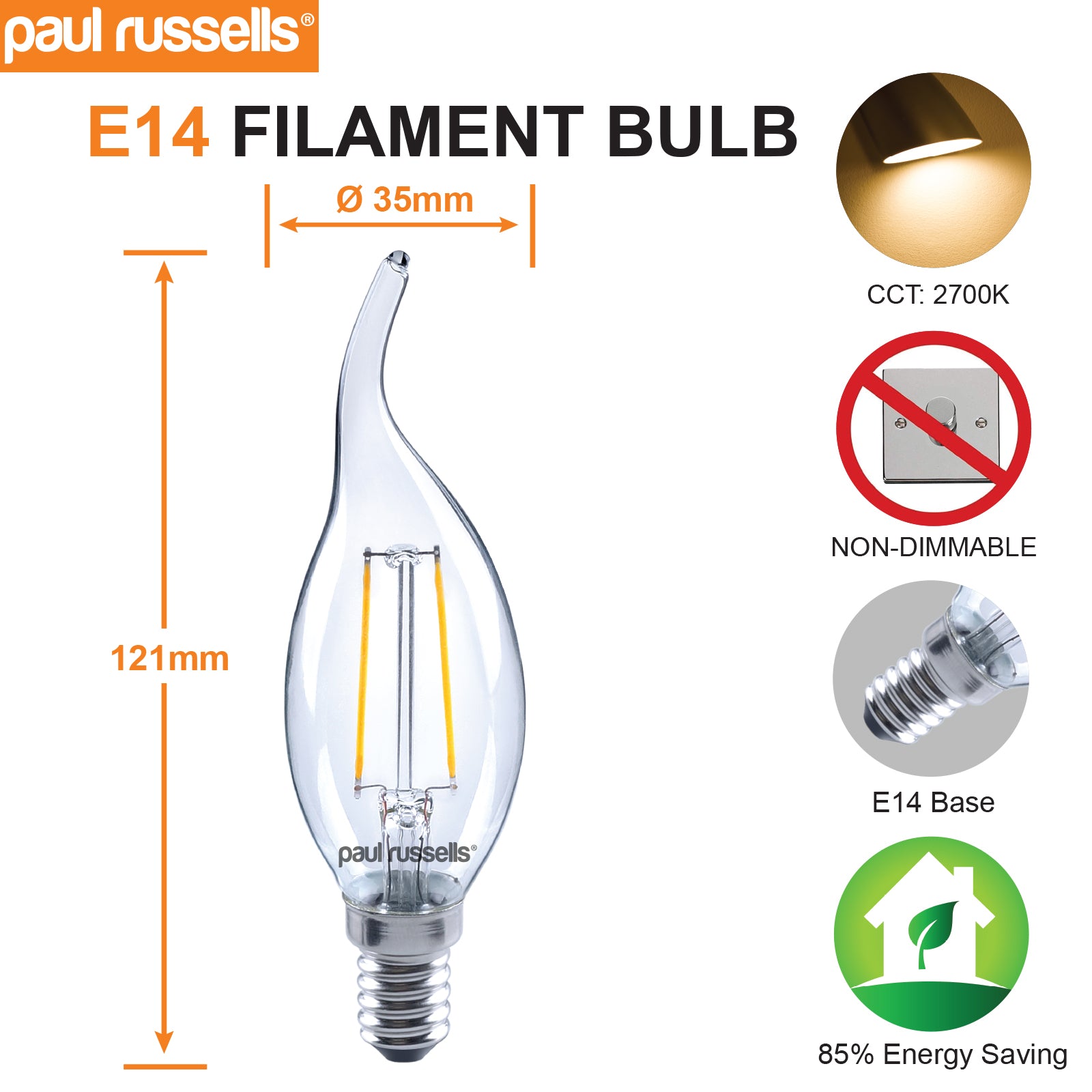 LED Filament Flame 2.5W=25W Warm White 2700K SES E14 Small Edison Screw Bulbs