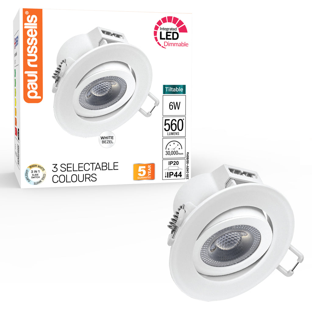 Paul Russells 6W LED Non Fire Rated Tiltable Downlight, Warm/Cool/Day White 3 Adjustable CCT, IP44, White Bezel