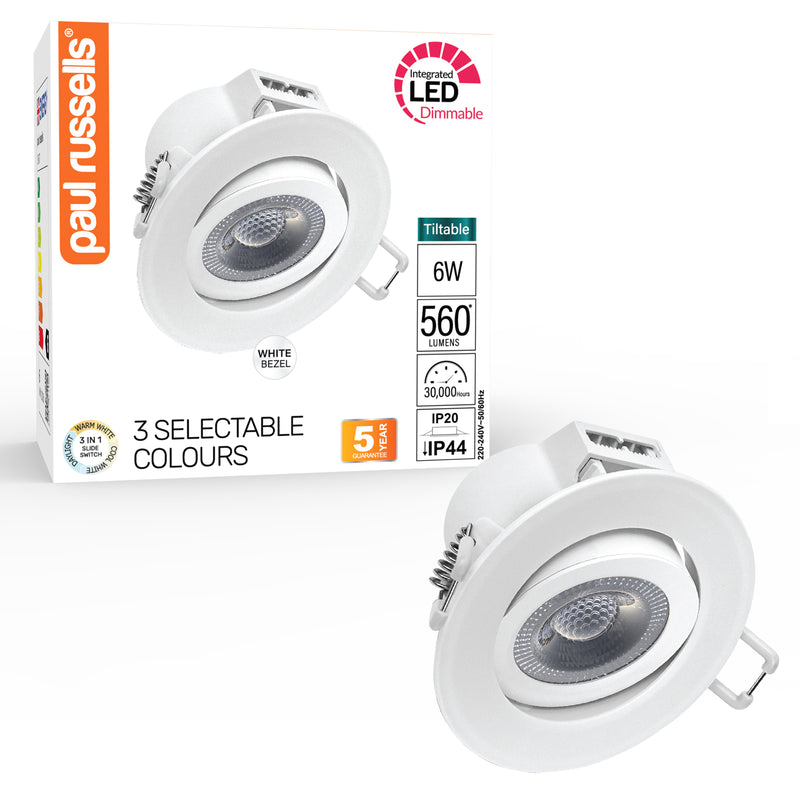 Paul Russells 6W LED Non Fire Rated Tiltable Downlight, Warm/Cool/Day White 3 Adjustable CCT, IP44, White Bezel