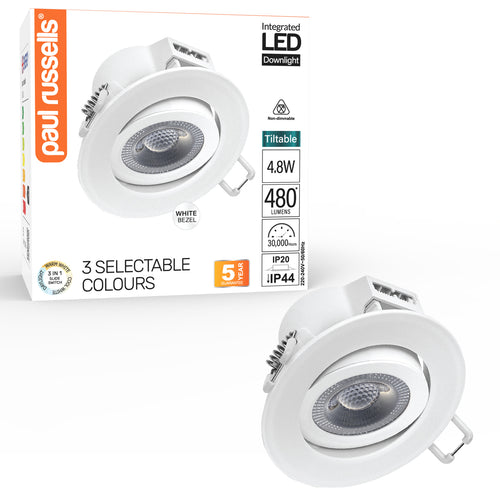 Paul Russells 4.8W LED Non Fire Rated Tiltable Downlight, Warm/Cool/Day White 3 Adjustable CCT, IP44, White Bezel