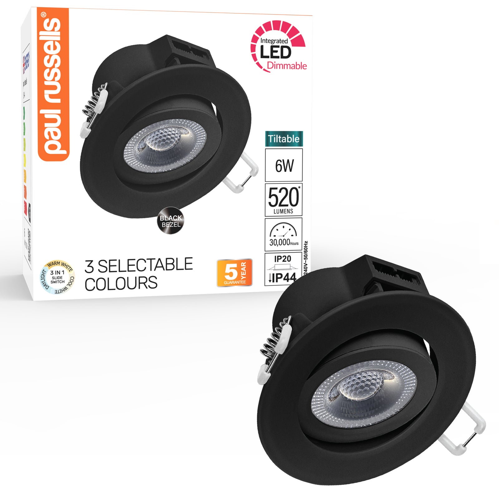 Paul Russells 6W LED Non Fire Rated Tiltable Downlight, Warm/Cool/Day White 3 Adjustable CCT, IP44, Black Bezel