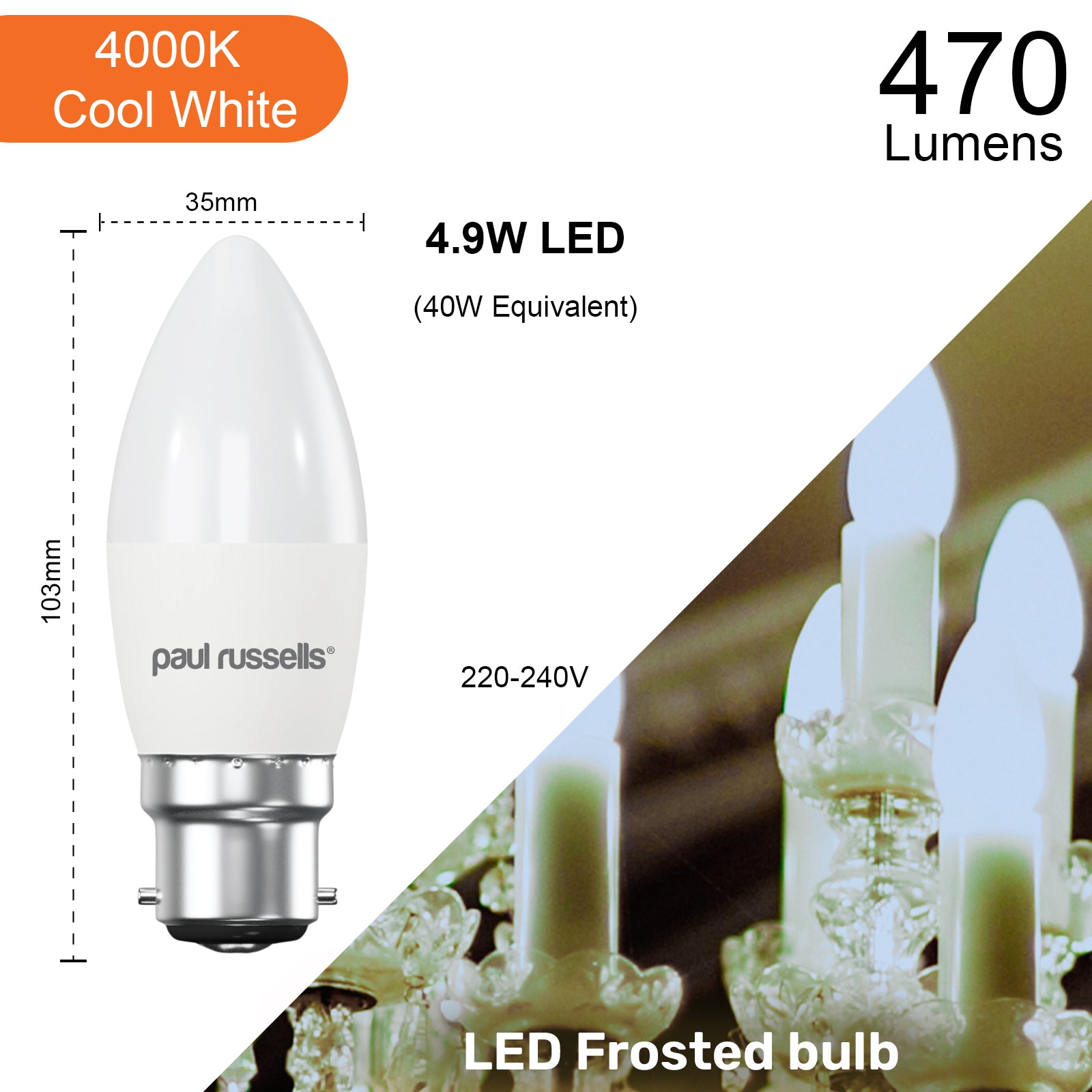 LED Candle 4.9W=40W Cool White Bayonet Cap BC B22 Bulbs