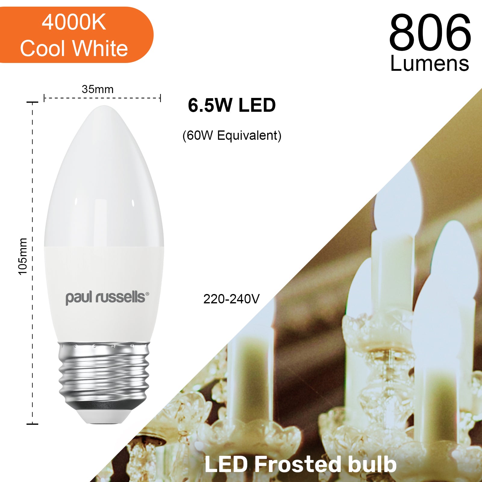 LED Candle 6.5W=60W Cool White Edison Screw ES E27 Bulbs