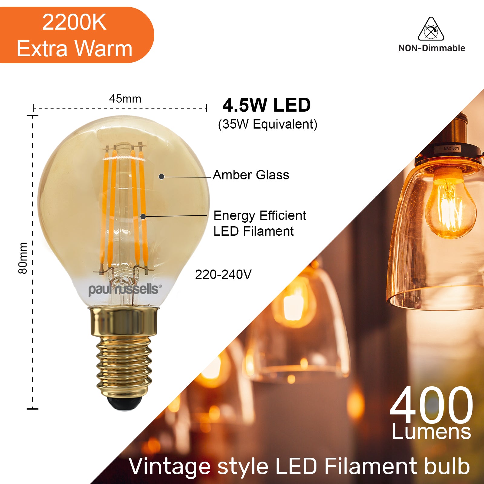 LED Filament Golf Ball 4.5W=35W Extra Warm White Amber 2200K SES E14 Small Edison Screw Bulbs