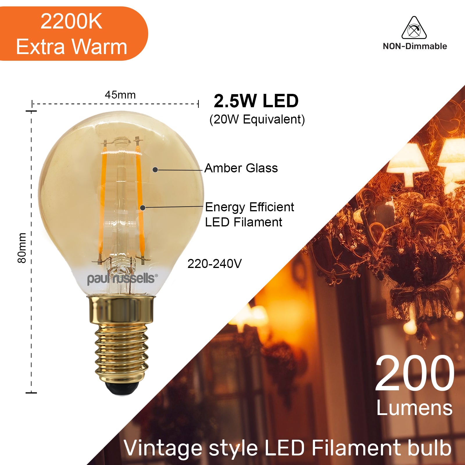 LED Filament Golf Ball 2.5W=20W Extra Warm White Amber 2200K SES E14 Small Edison Screw Bulbs