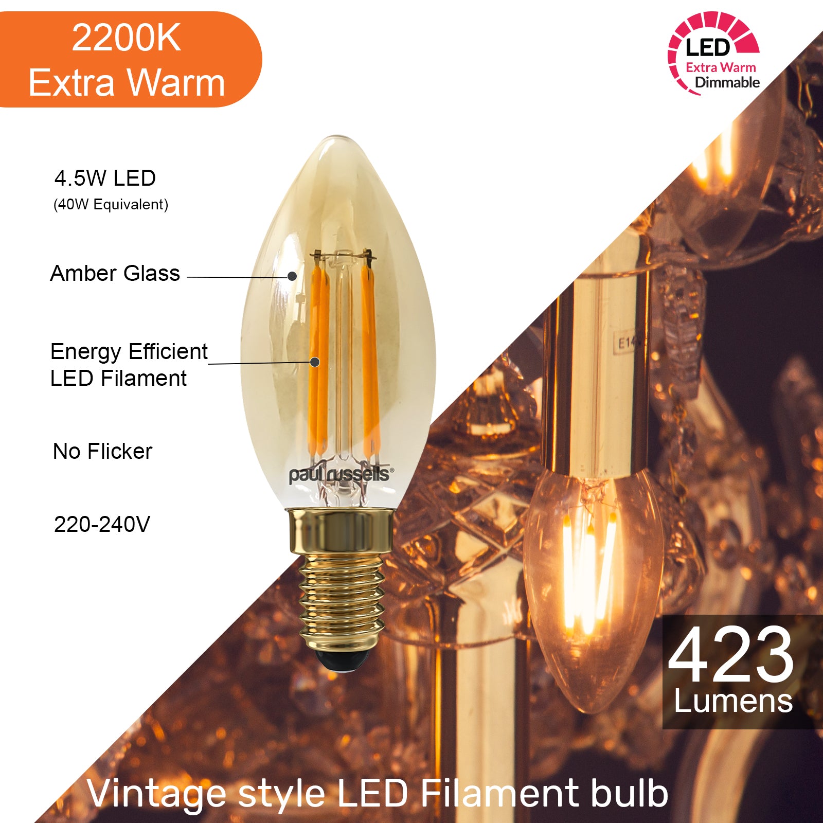 LED Dimmable Filament Candle 4.5W (40w), SES/E14, 423 Lumens, Extra Warm White(2200K), 240V