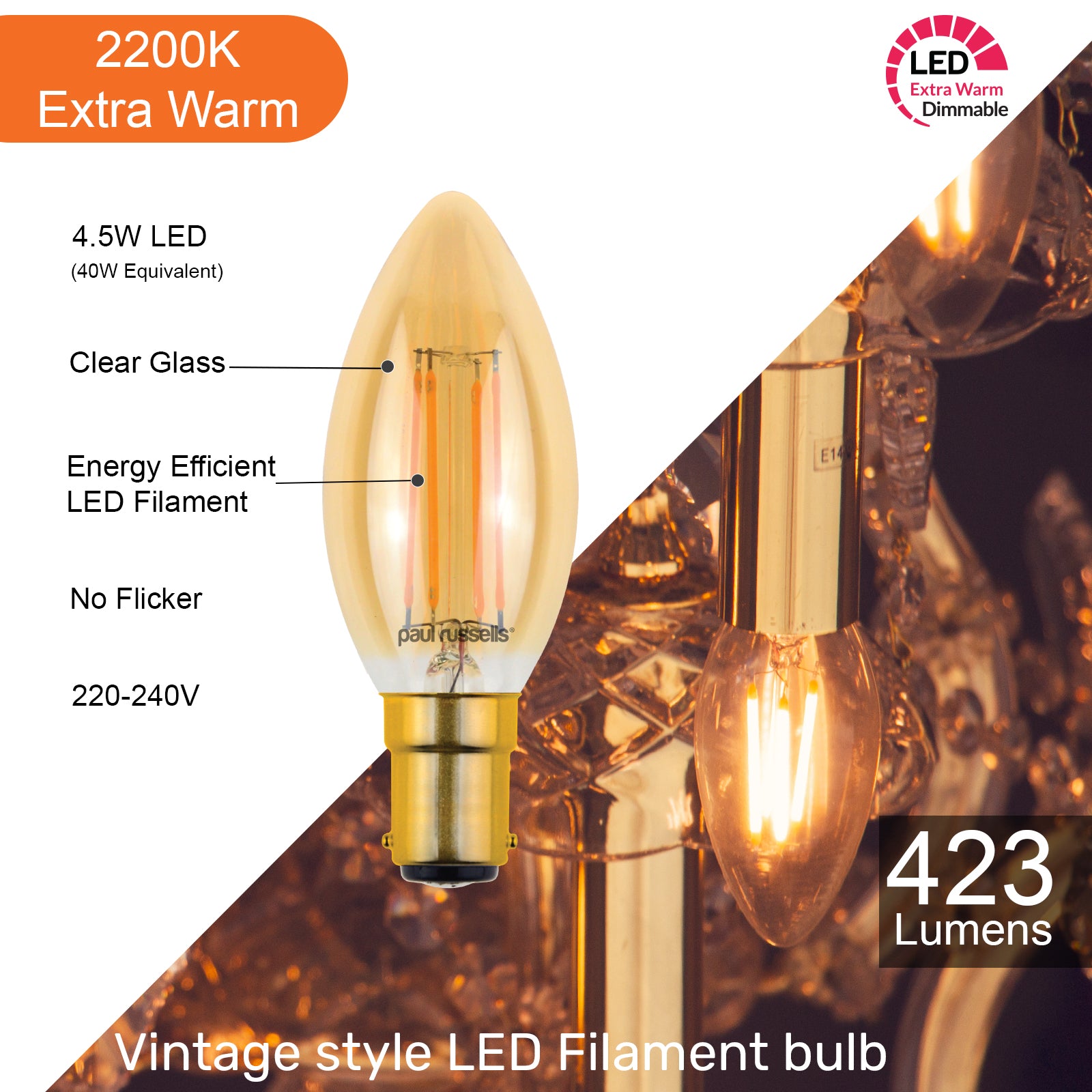 LED Dimmable Filament Candle 4.5W (40w), SBC/B15, 423 Lumens, Extra Warm White(2200K), 240V