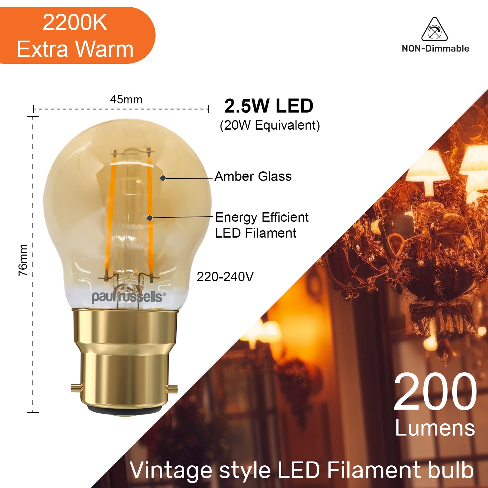 LED Filament Golf Ball 2.5W=20W Extra Warm White Amber 2200K BC B22 Bayonet Cap Bulbs