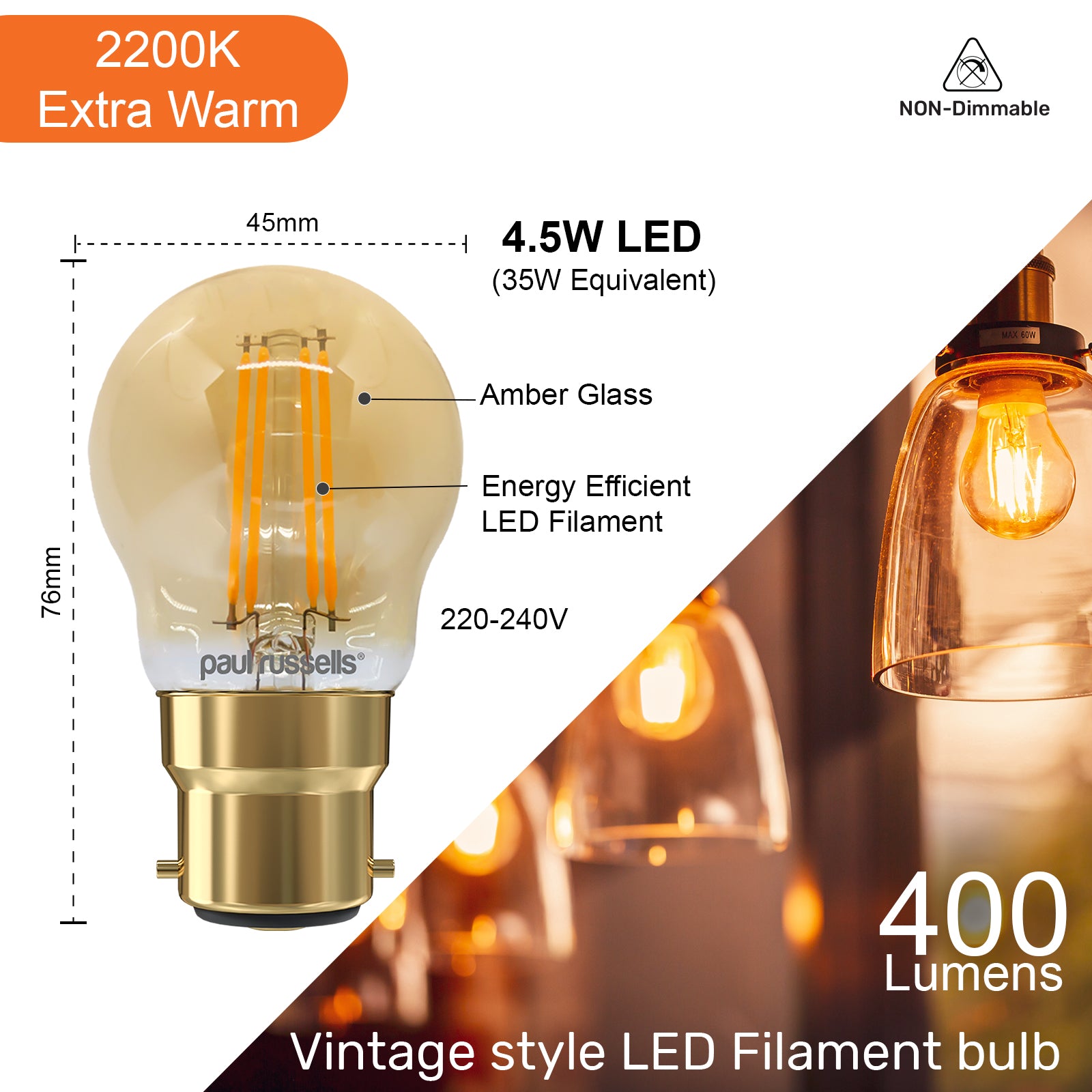 LED Filament Golf Ball 4.5W=35W Extra Warm White Amber 2200K BC B22 Bayonet Cap Bulbs