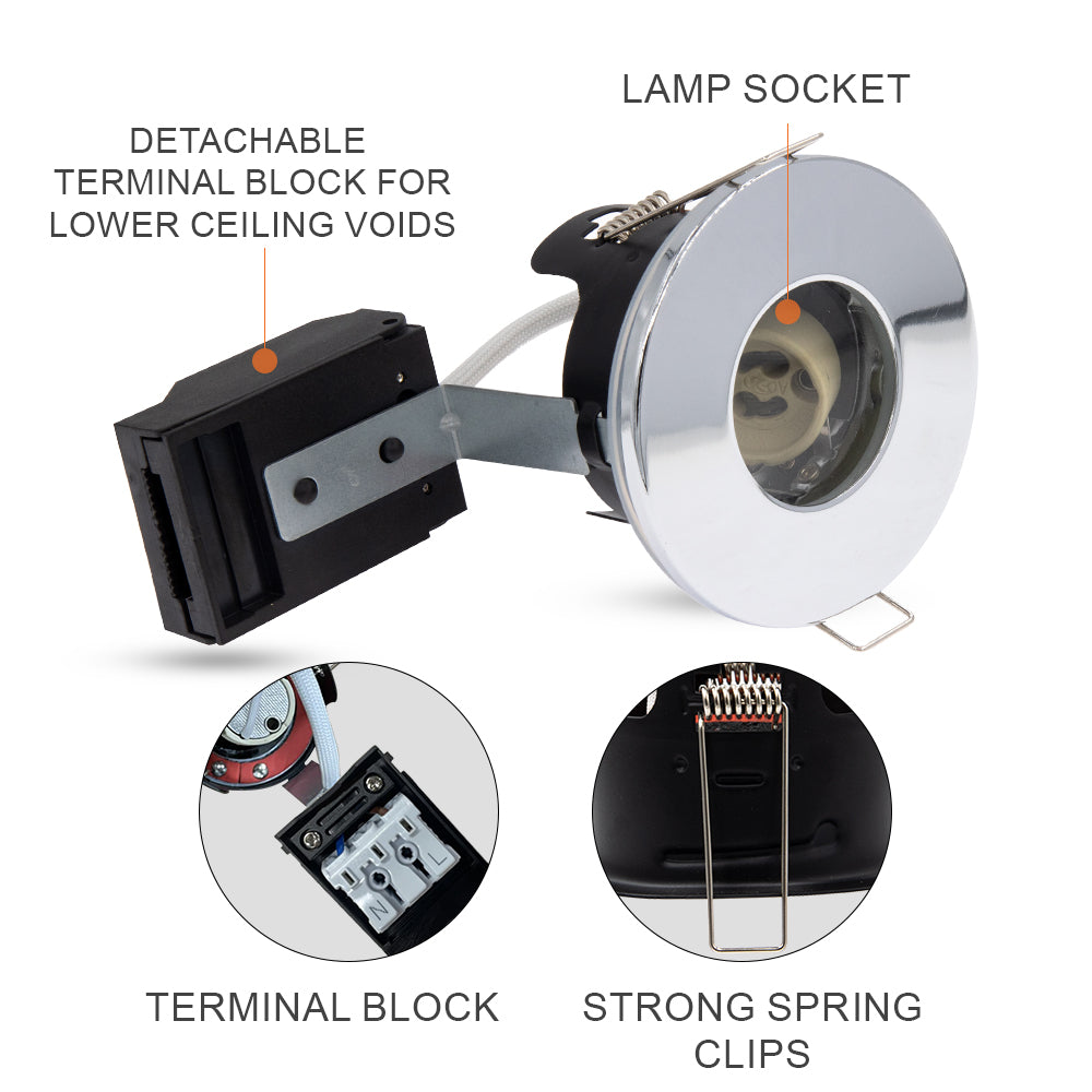 LED Fire Rated Downlights, IP65, Polished Chrome Bezel, Without Bulb