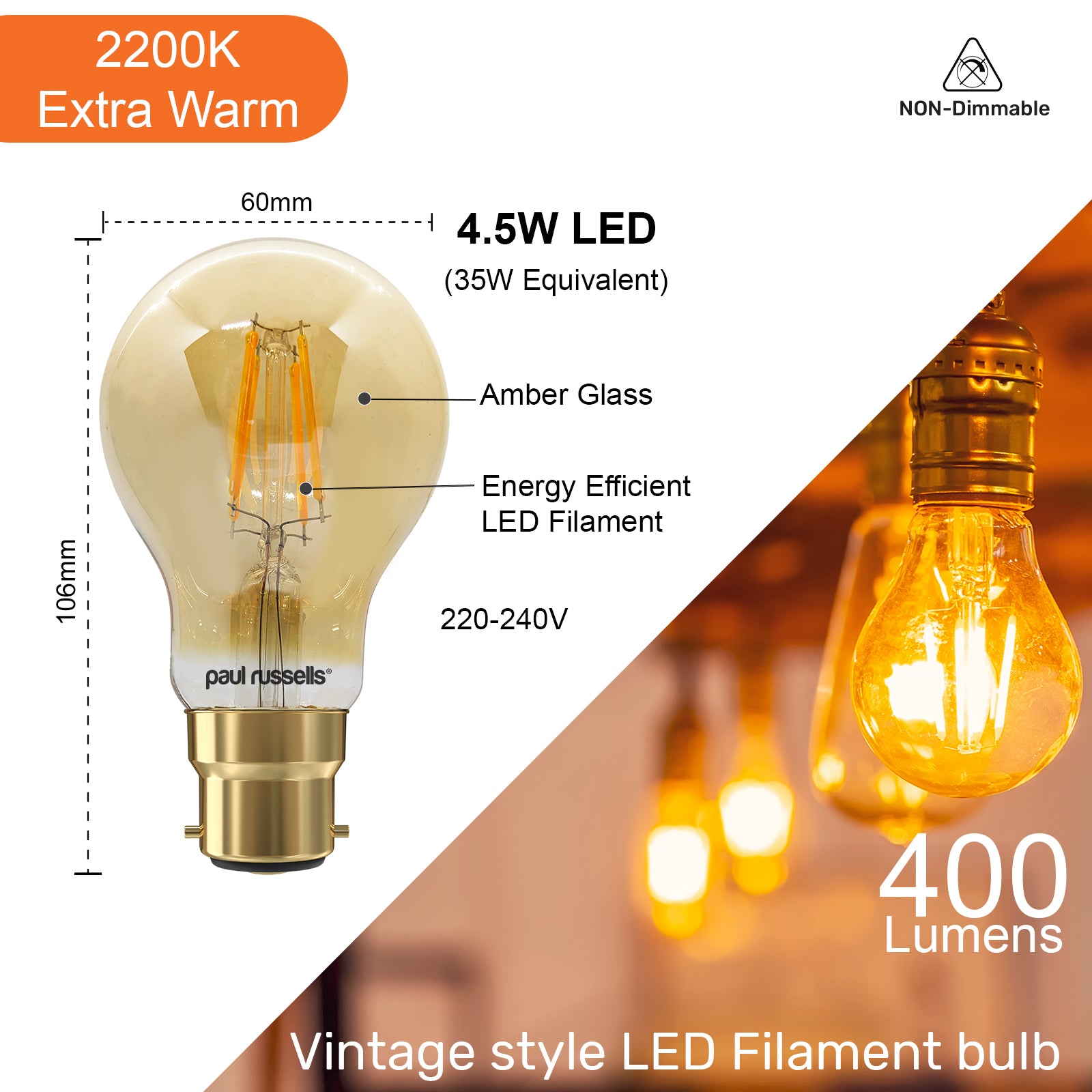 LED Filament GLS 4.5W=35W Extra Warm White Amber 2200K BC B22 Bayonet Cap Bulbs