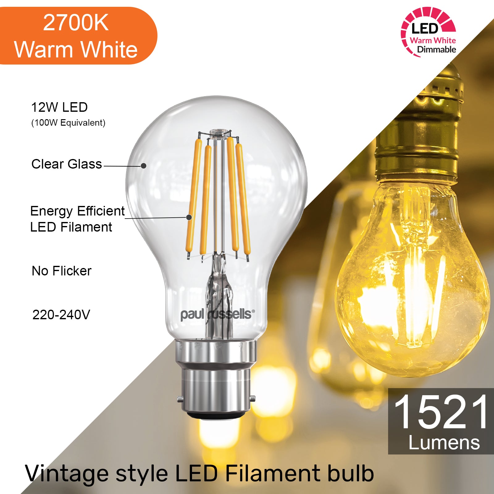 LED Dimmable Filament GLS 12W (100w), BC/B22, 1521 Lumens, Warm White(2700K), 240V