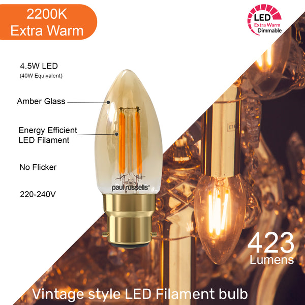LED Dimmable Filament Candle 4.5W (40w), BC/B22, 423 Lumens, Extra War ...