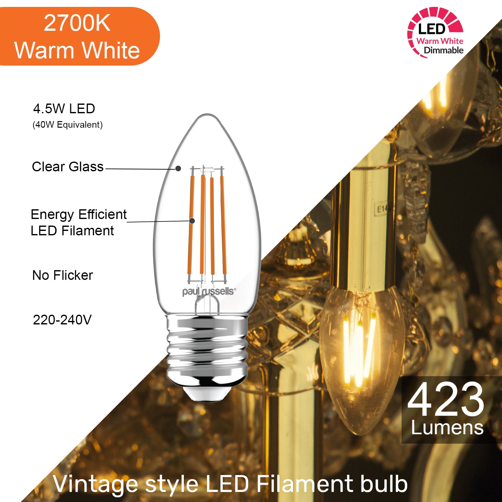 LED Dimmable Filament Candle 4.5W (40w), ES/E27, 423 Lumens, Warm White(2700K), 240V