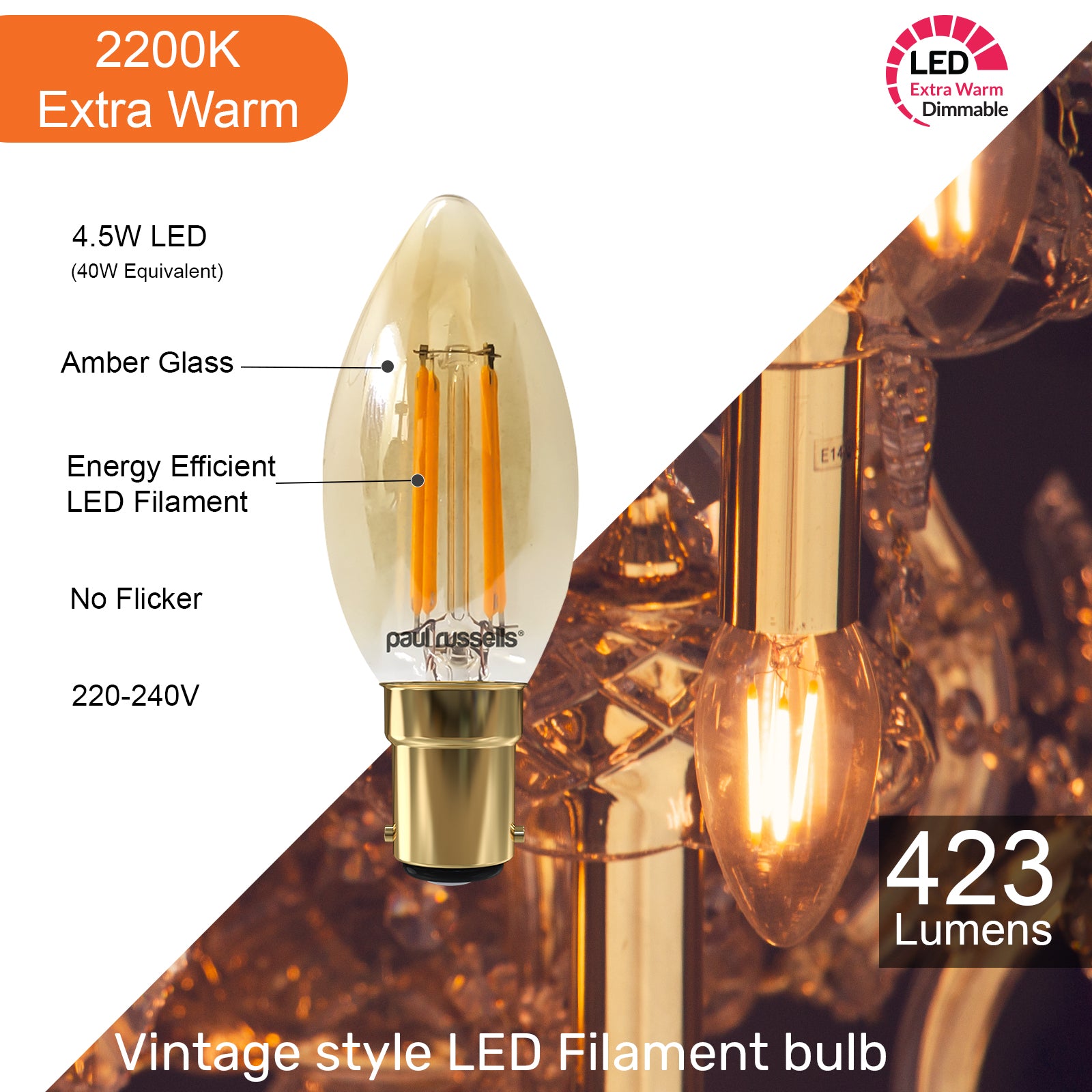 LED Dimmable Filament Candle 4.5W (40w), SBC/B15, 423 Lumens, Extra Warm White(2200K), 240V