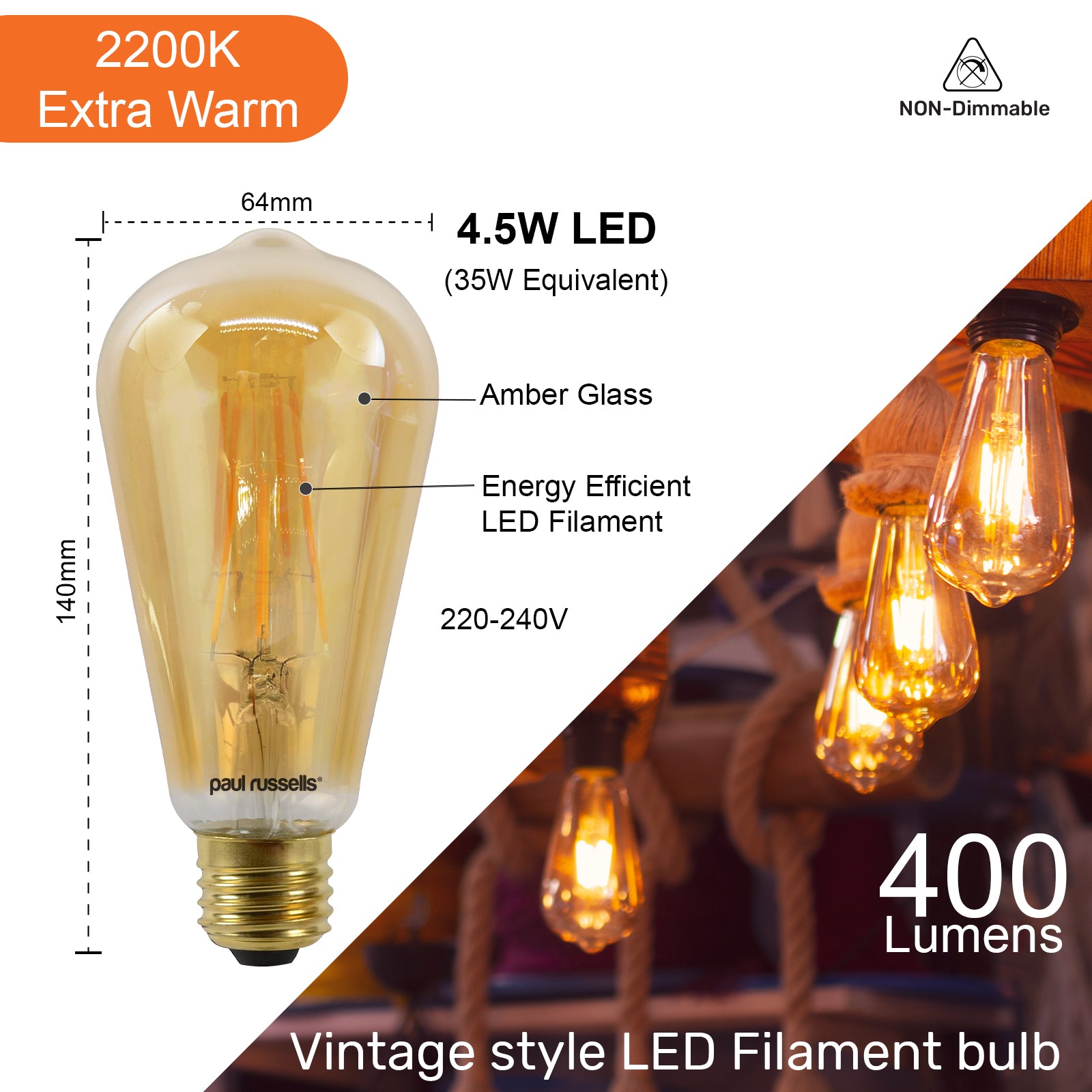 LED Filament ST64 4.5W=35W Extra Warm White Amber 2200K ES E27 Edison Screw Cap Bulbs