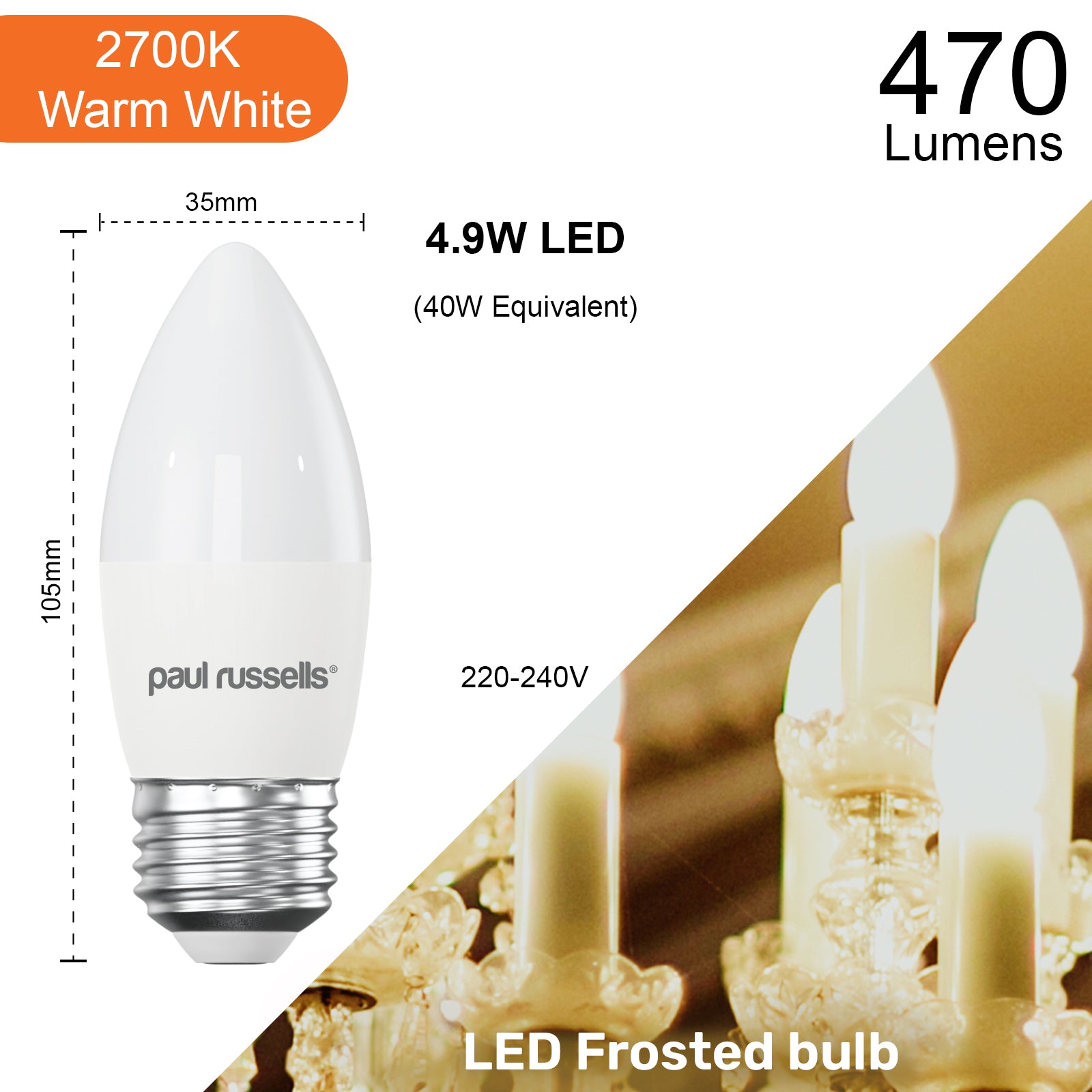 LED Candle 4.9W=40W Warm White Edison Screw ES E27 Bulbs