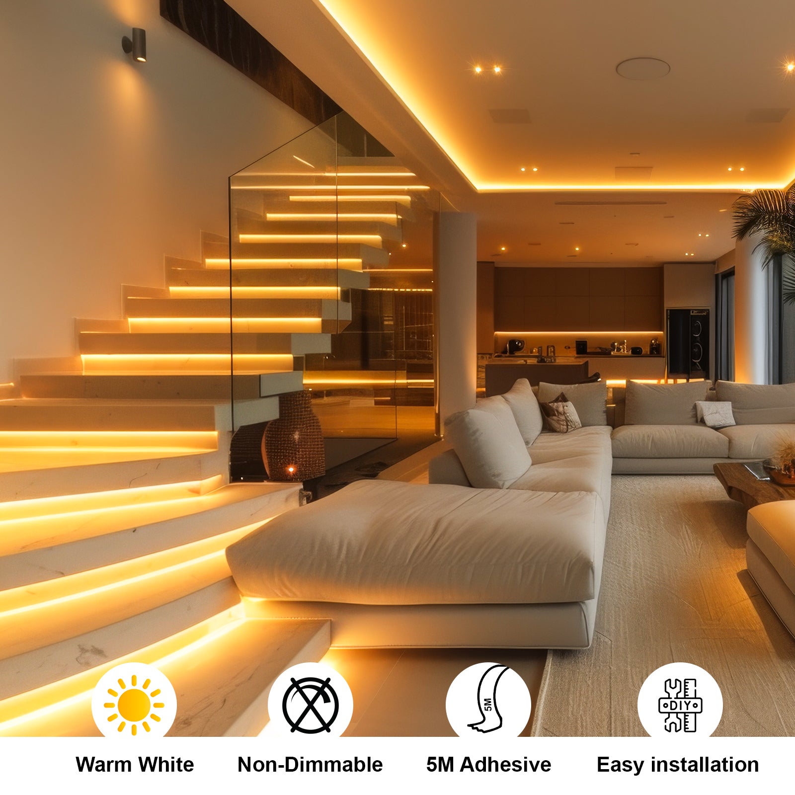 COB LED Strip Light 24V, 5W/M, 320 LEDs/M, 3000K Warm White, 2300 Lumens, 5M Flexible Tape, IP20