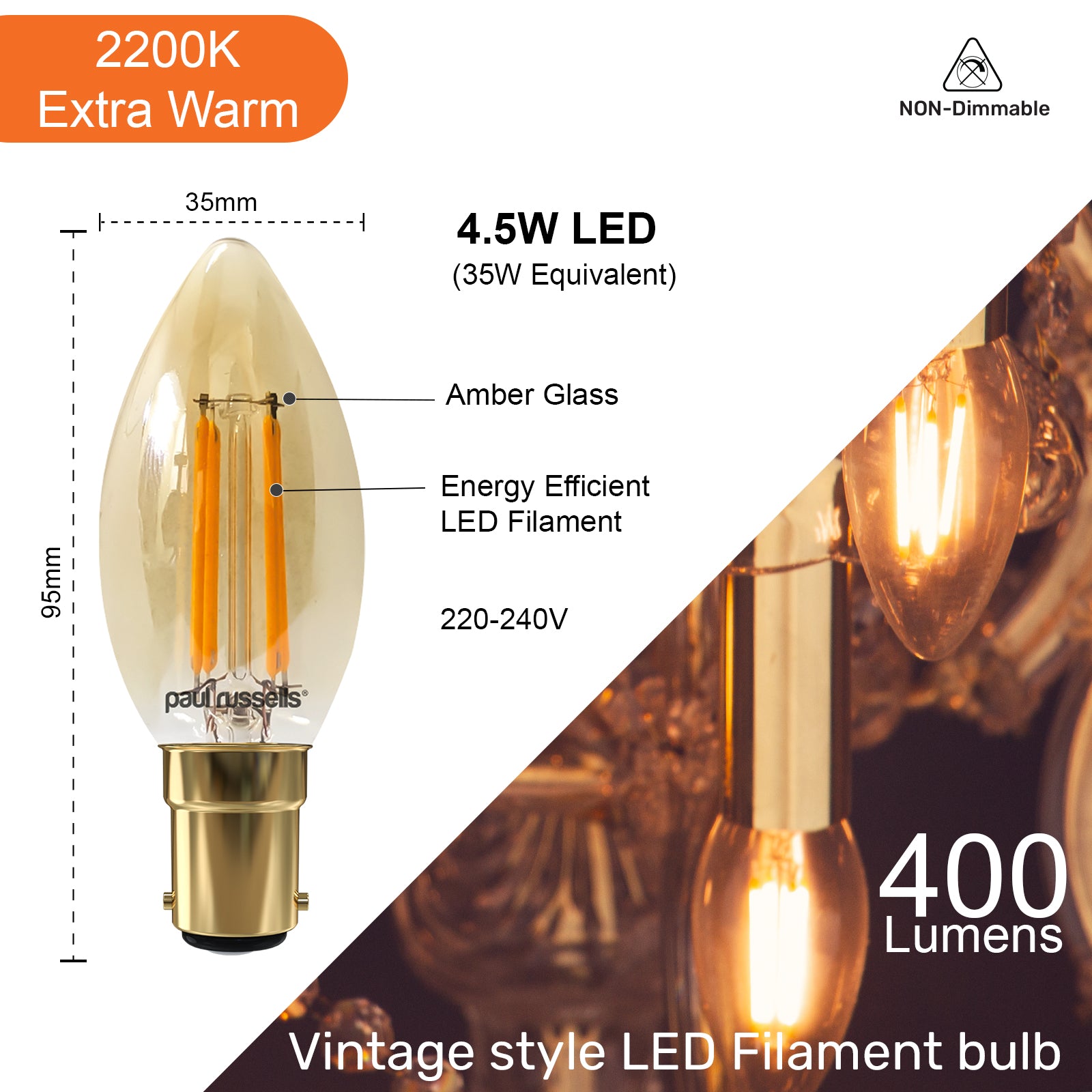 LED Filament Candle 4.5W=35W Extra warm White Amber 2200K SBC B15 Small Bayonet Cap Bulbs