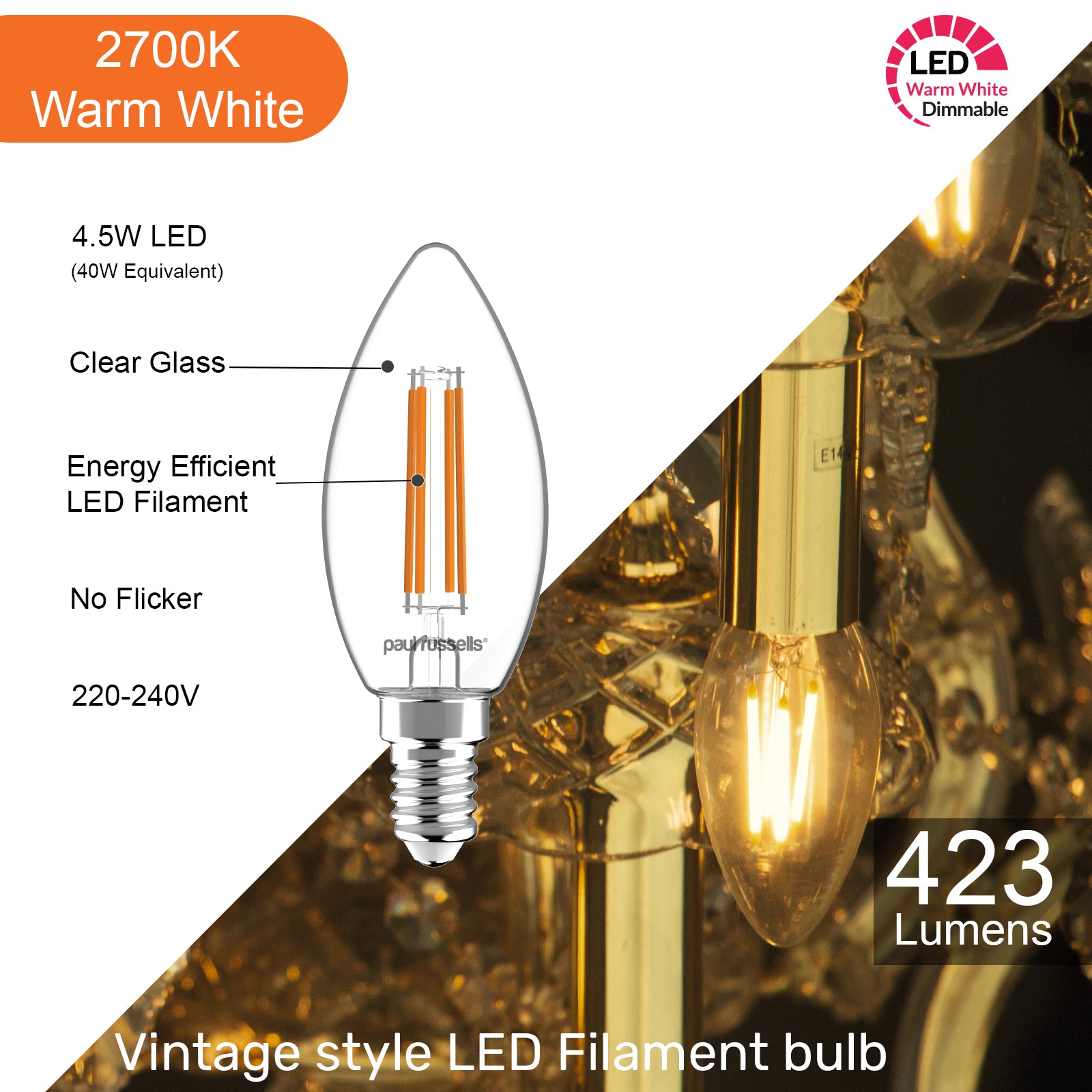 LED Dimmable Filament Candle 4.5W (40w), SES/E14, 423 Lumens, Warm White(2700K), 240V