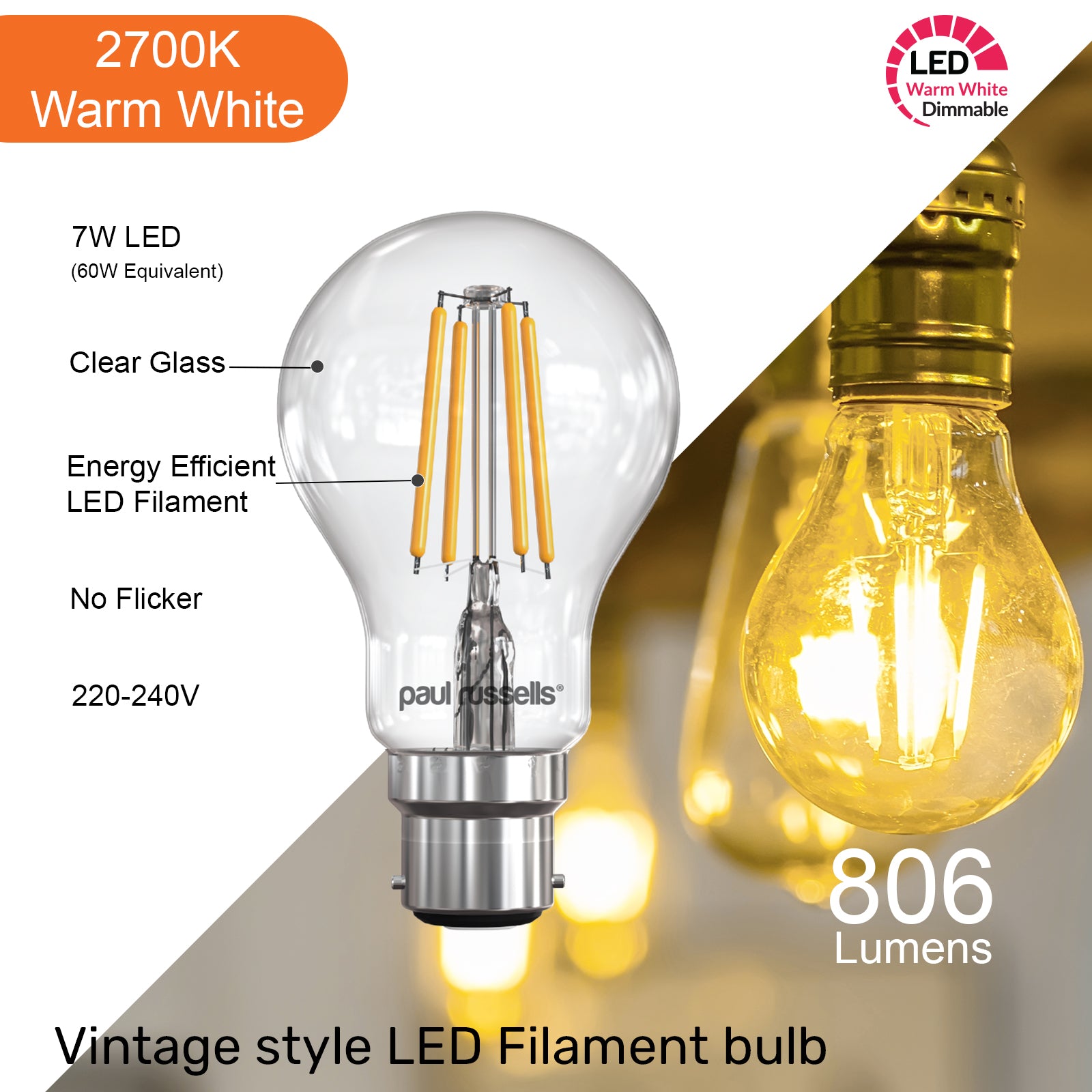 LED Dimmable Filament GLS 7W (60w), BC/B22, 806 Lumens, Warm White(2700K), 240V