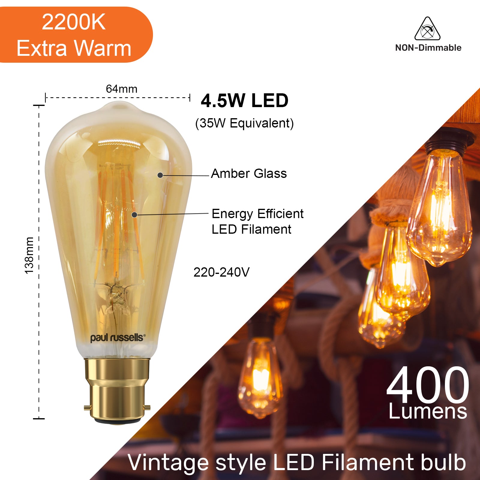 LED Filament ST64 4.5W=35W Extra Warm White Amber 2200K BC B22 Bayonet Cap Bulbs