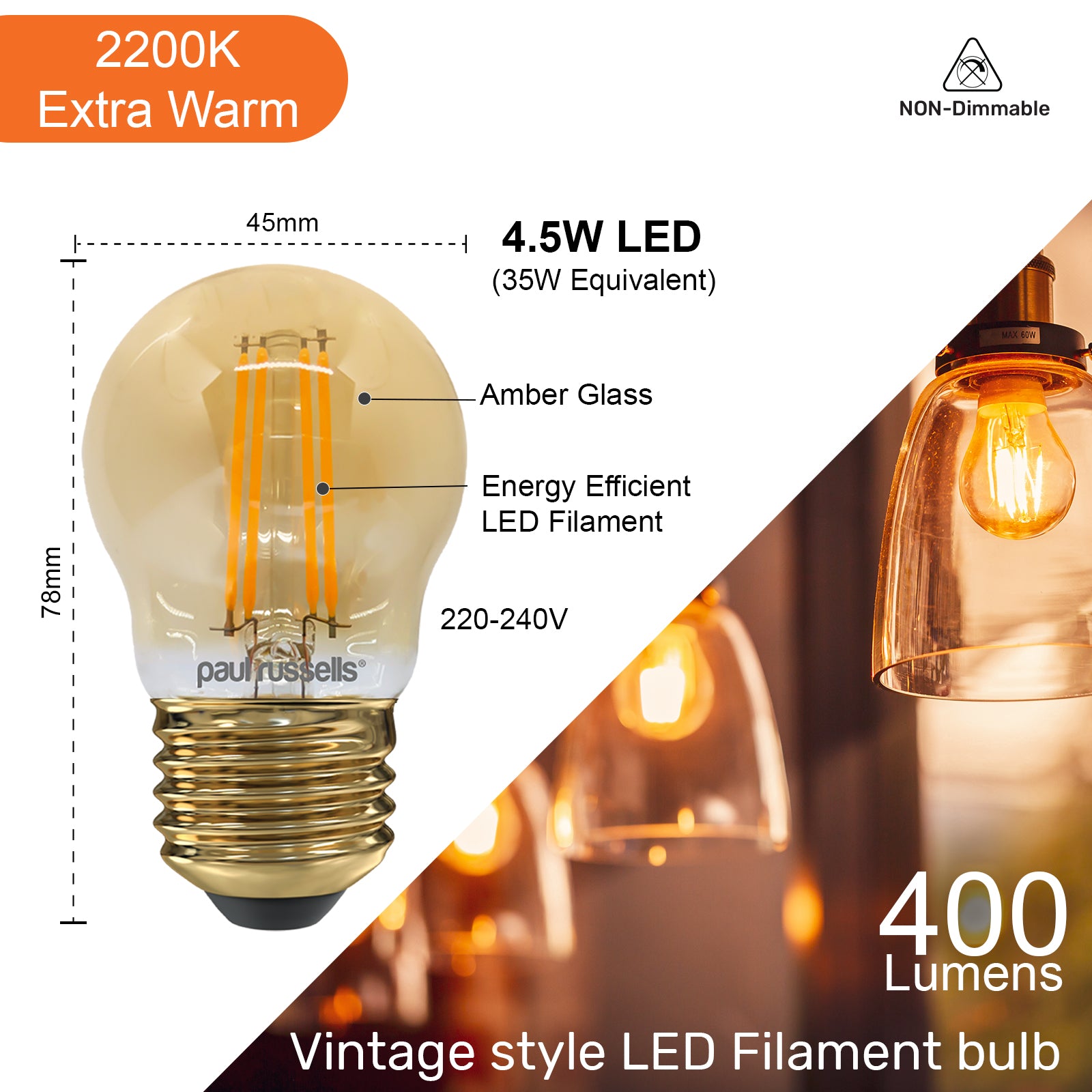 LED Filament Golf Ball 4.5W=35W Extra Warm White Amber 2200K ES E27 Edison Screw Cap Bulbs