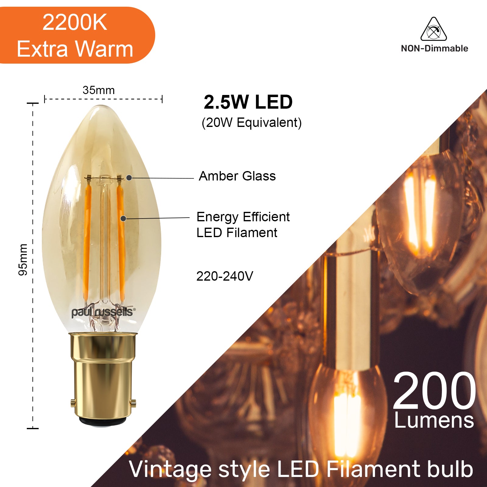 LED Filament Candle 2.5W=20W Extra Warm White Amber 2200K SBC B15 Small Bayonet Cap Bulbs